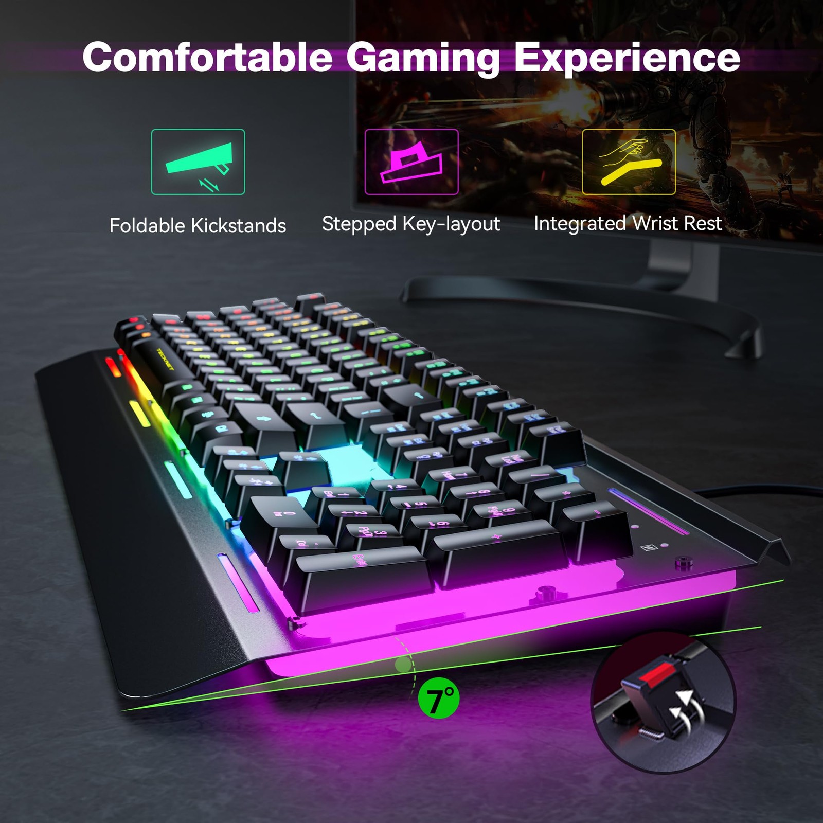 Tecknet Gaming Keyboard Usb Wired Computer Keyboard 15-Zone Rgb Illumination