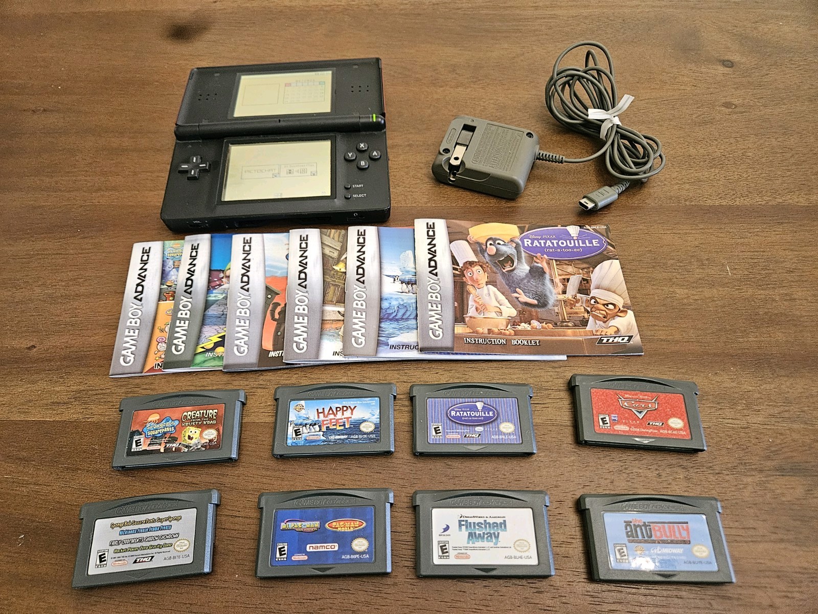 Nintendo DS Lite Crimson Console Bundle Charger & (8) GBA Games *Tested Pls Read
