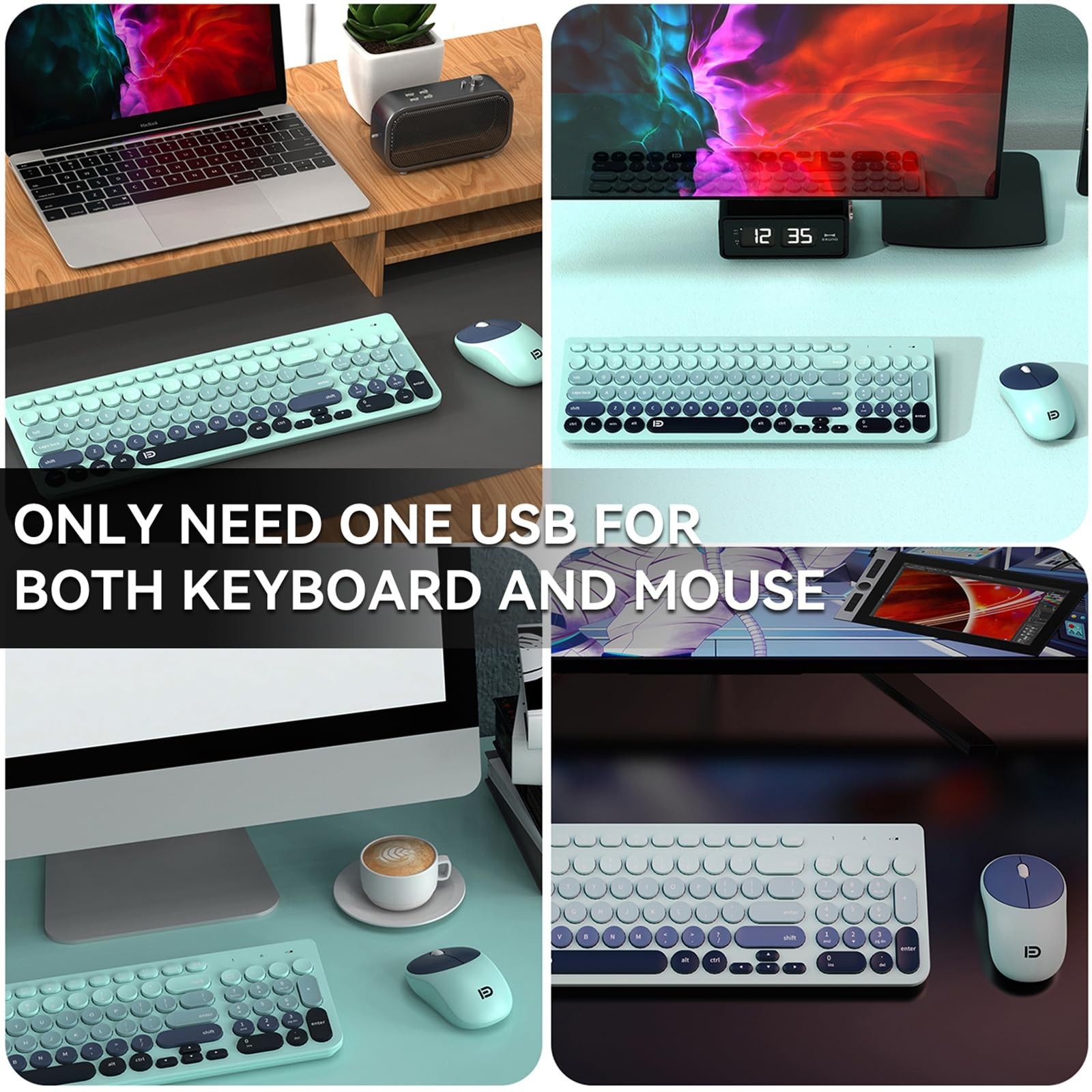 FD Wireless Keyboards and Mouse Combo – 2.4GHz USB Cordless, Cute Wireless Ke…