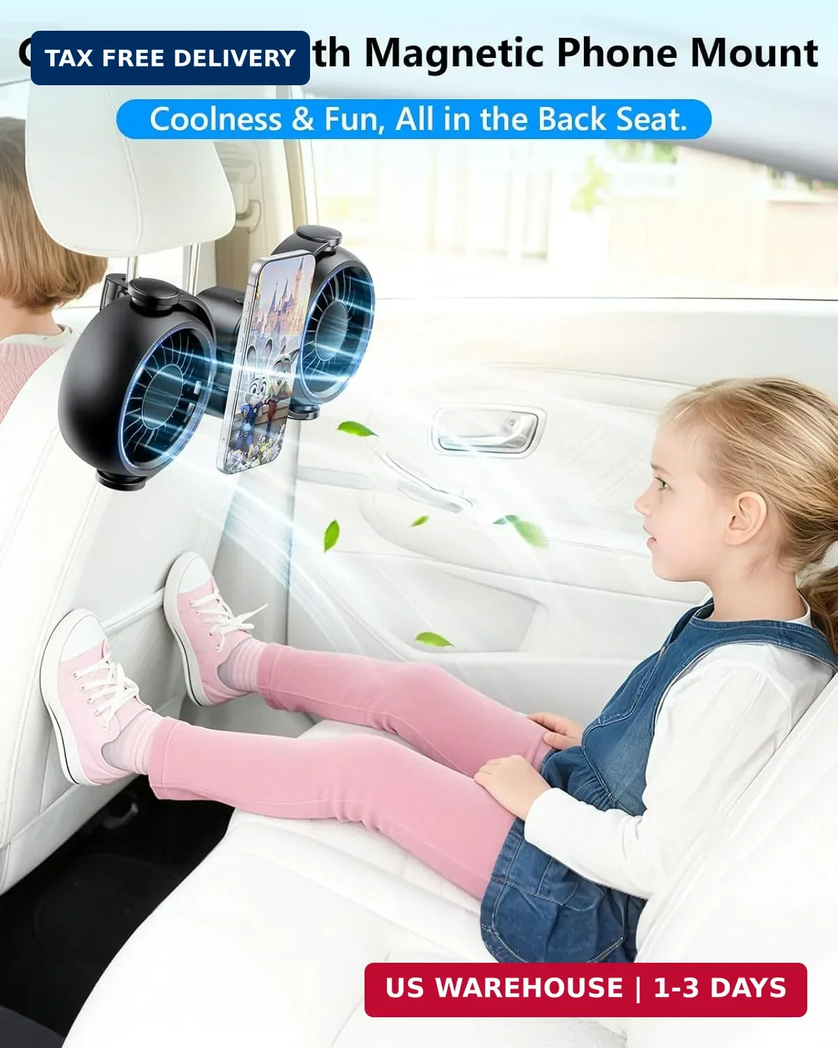 Dual Head Car Cooling Fans for Back Seat for Kids, 4000mAh Battery Powered Recha