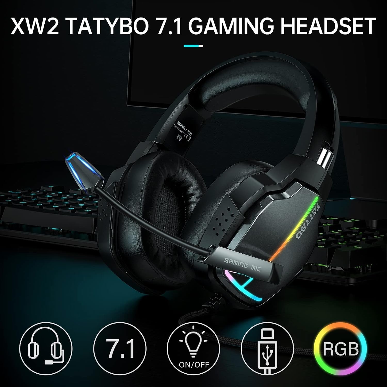 XW2 USB Gaming Headset for PC, 7.1 Surround Sound Gaming Headphones with Noise C