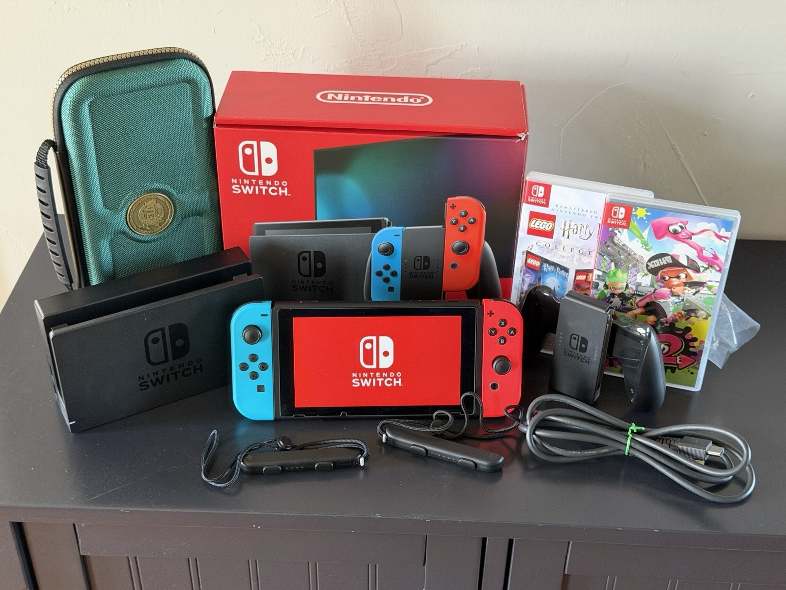Nintendo Switch System 32GB Console w/Neon Red Blue Joy-Cons in Box 128 SD Games