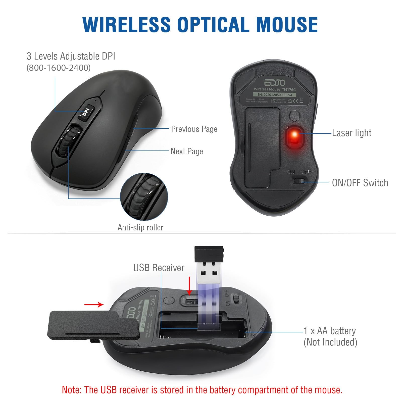 Wireless Keyboard and Mouse Combo, EDJO 2.4G Full-Sized Ergonomic Black