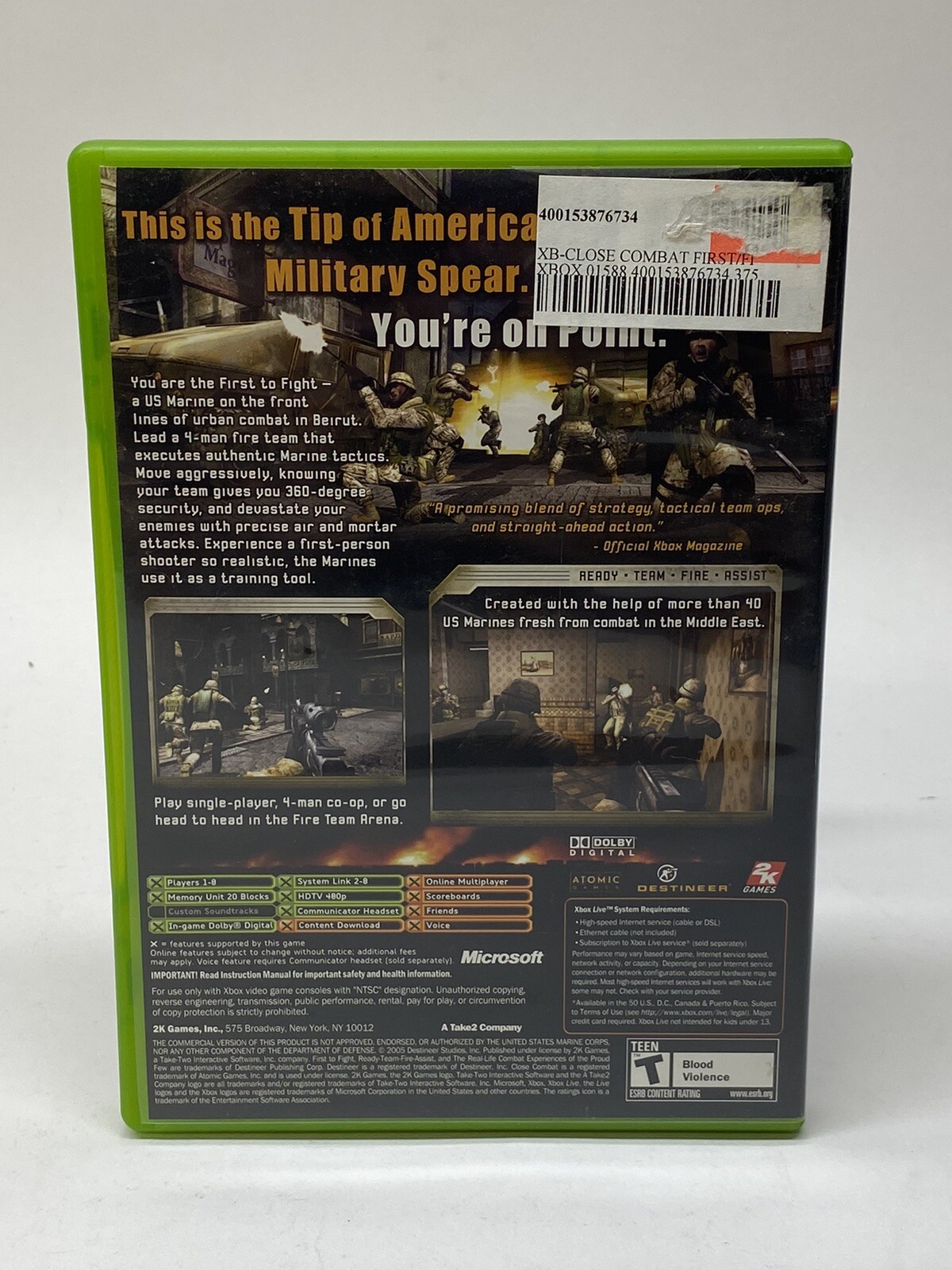 Xbox First To Fight United States Marines Video Game 2005 2K Games Close Combat