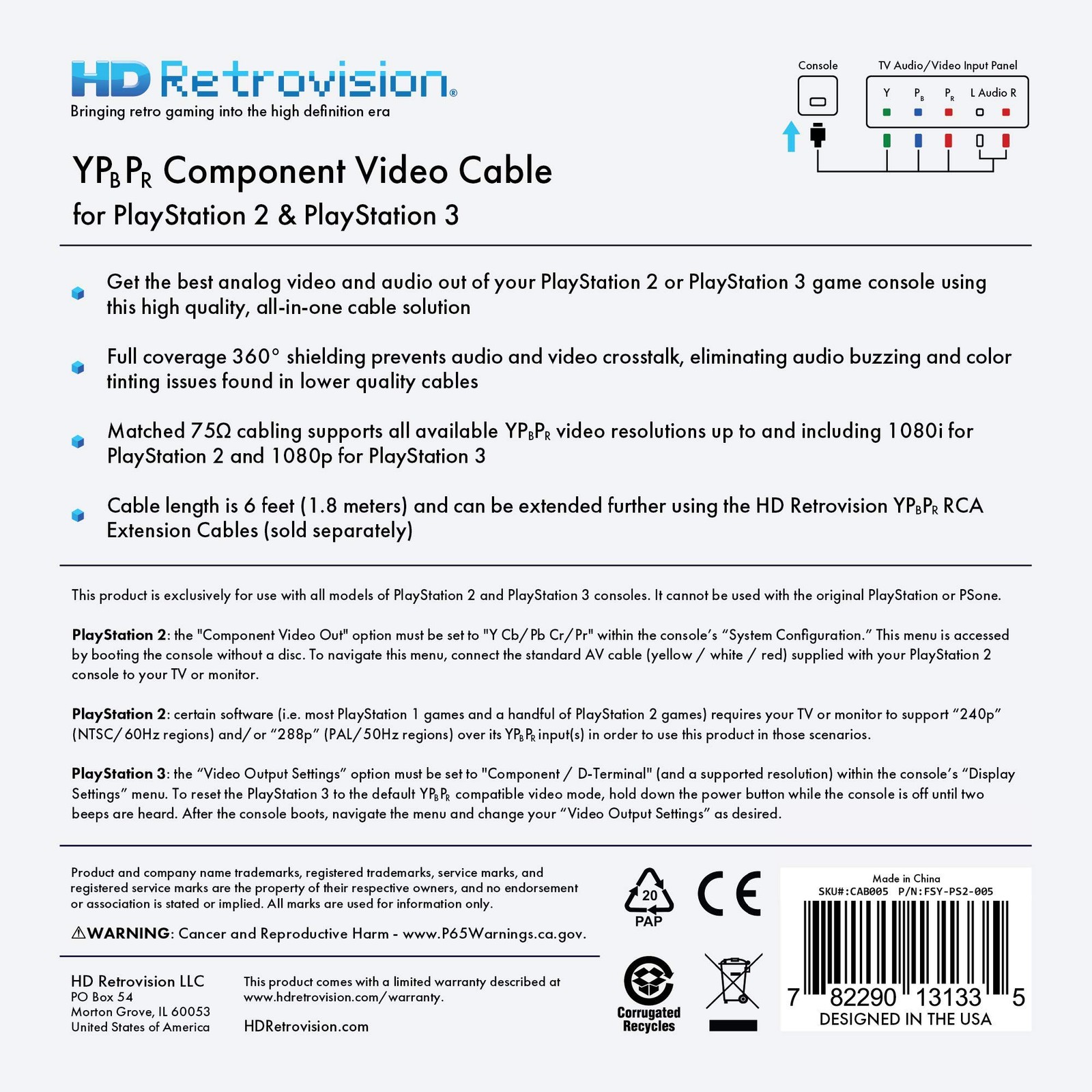 hd retrovision playstation 2/3 (ps2/ps3) premium ypbpr component video cable