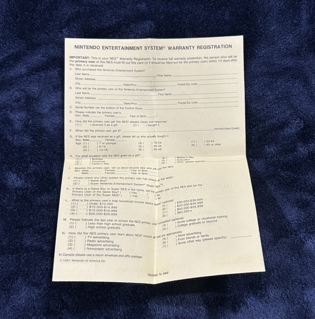 Nintendo NES Video Game Console System Warranty Registration Card CD-4-NES