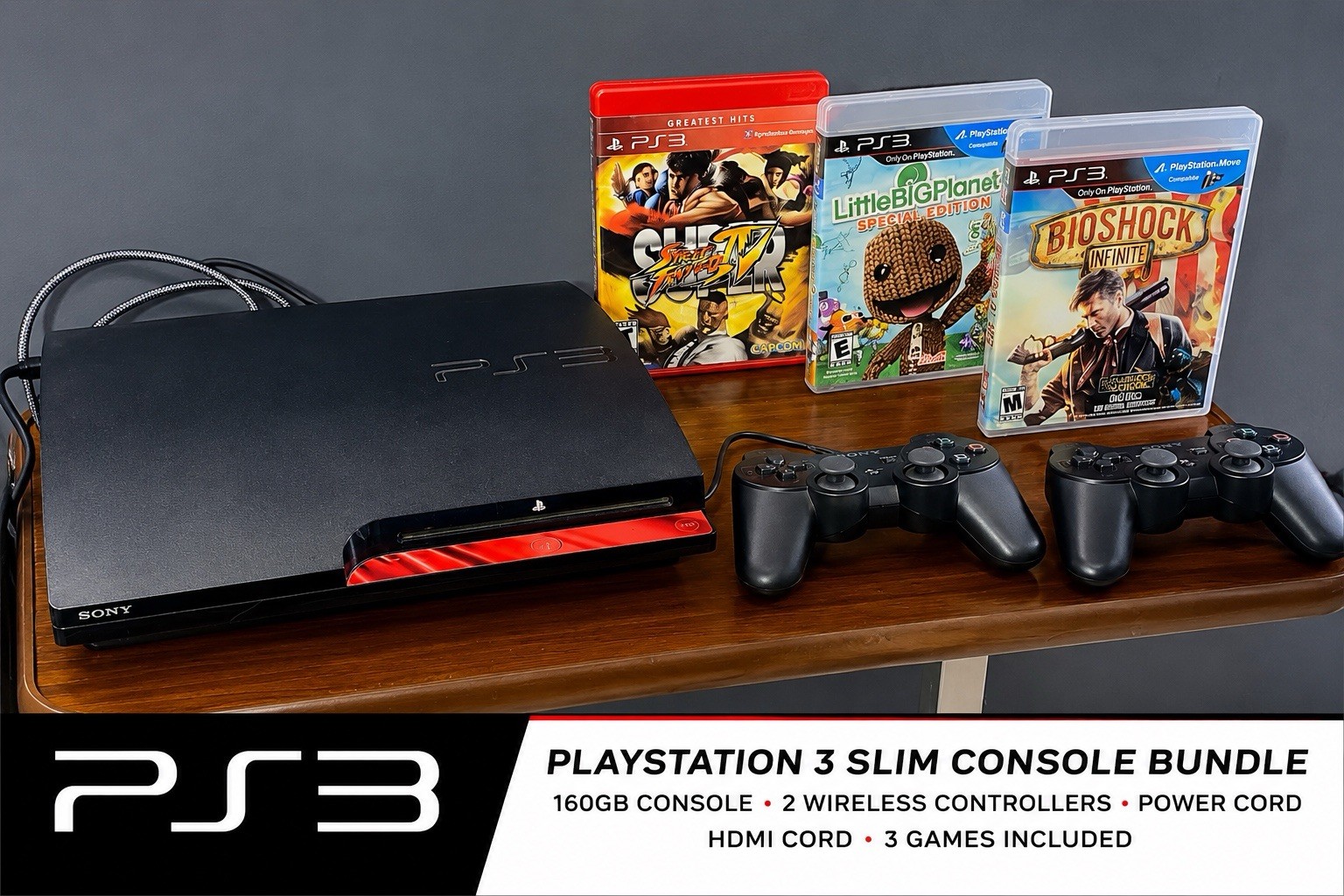 Sony PS3 Slim 250GB Console Bundle 2 Wireless Controllers 3 Games HDMI Tested