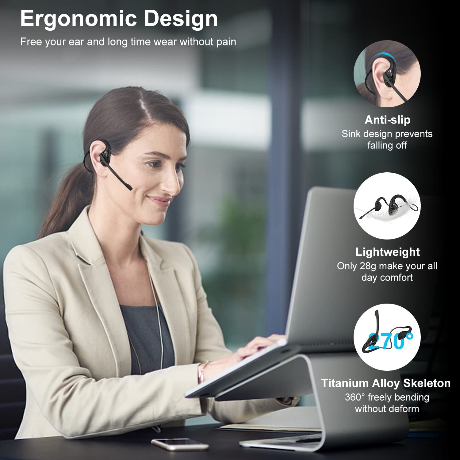 Bluetooth 5.3 Headset with Microphone, Open Ear Headphones w/Noise Cancelling…