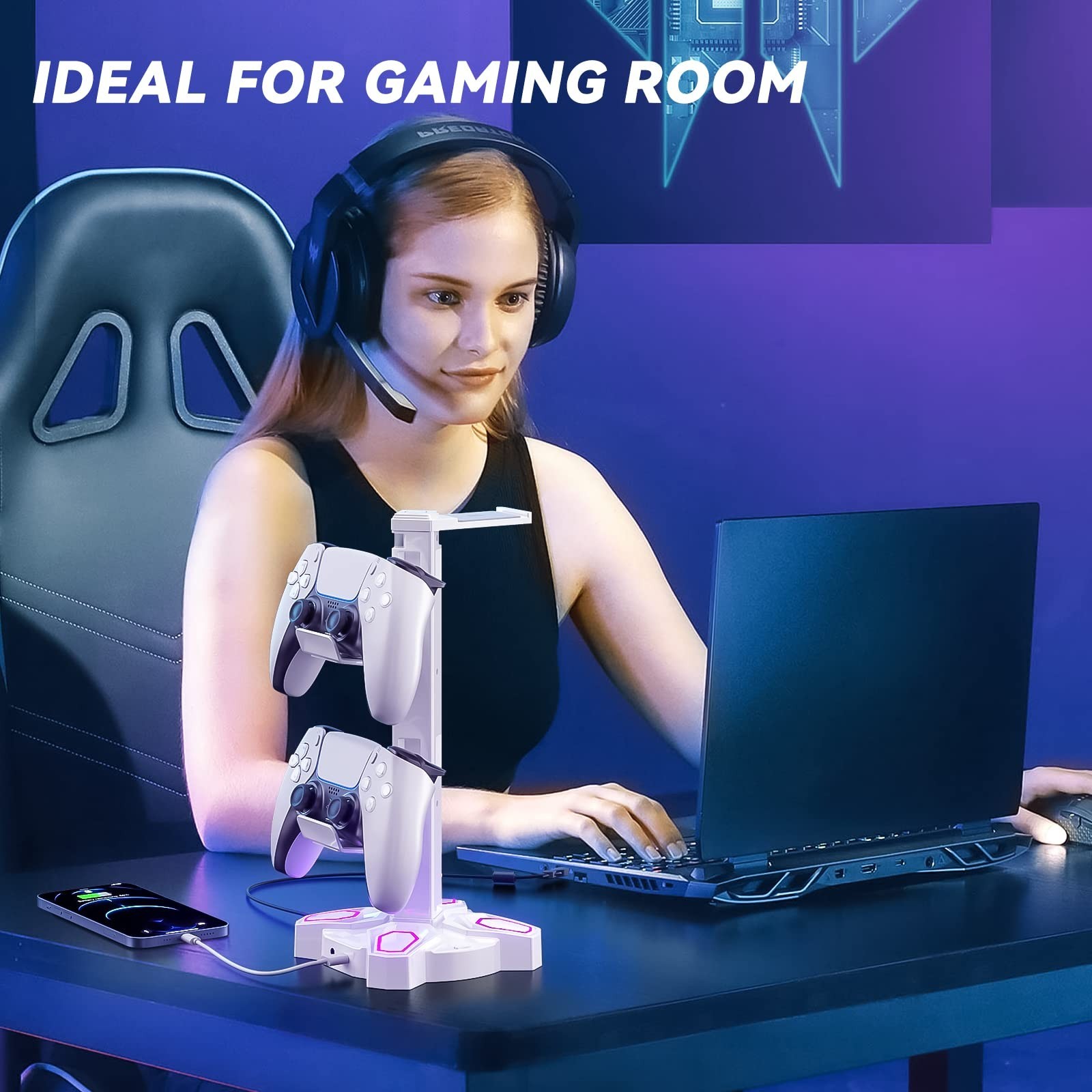 Gaming Headset Stand with RGB Light, 2 USB Ports & 3.5mm Audio Jack – Desktop Ac