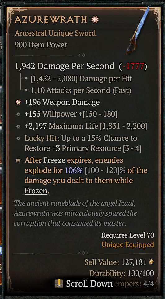 😈 DIABLO 4 SEASON 13 😈 Azurewrath 🔥 Ancestral Unique Sword