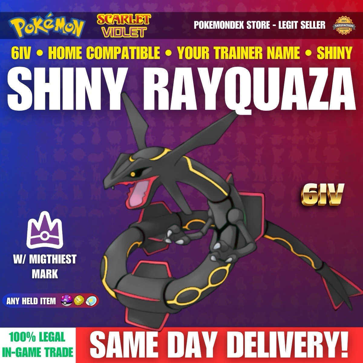 Pokemon SCARLET & VIOLET ✨6IV SHINY RAYQUAZA✨ BATTLE READY • EVs ⭐️ YOUR OT 🚀
