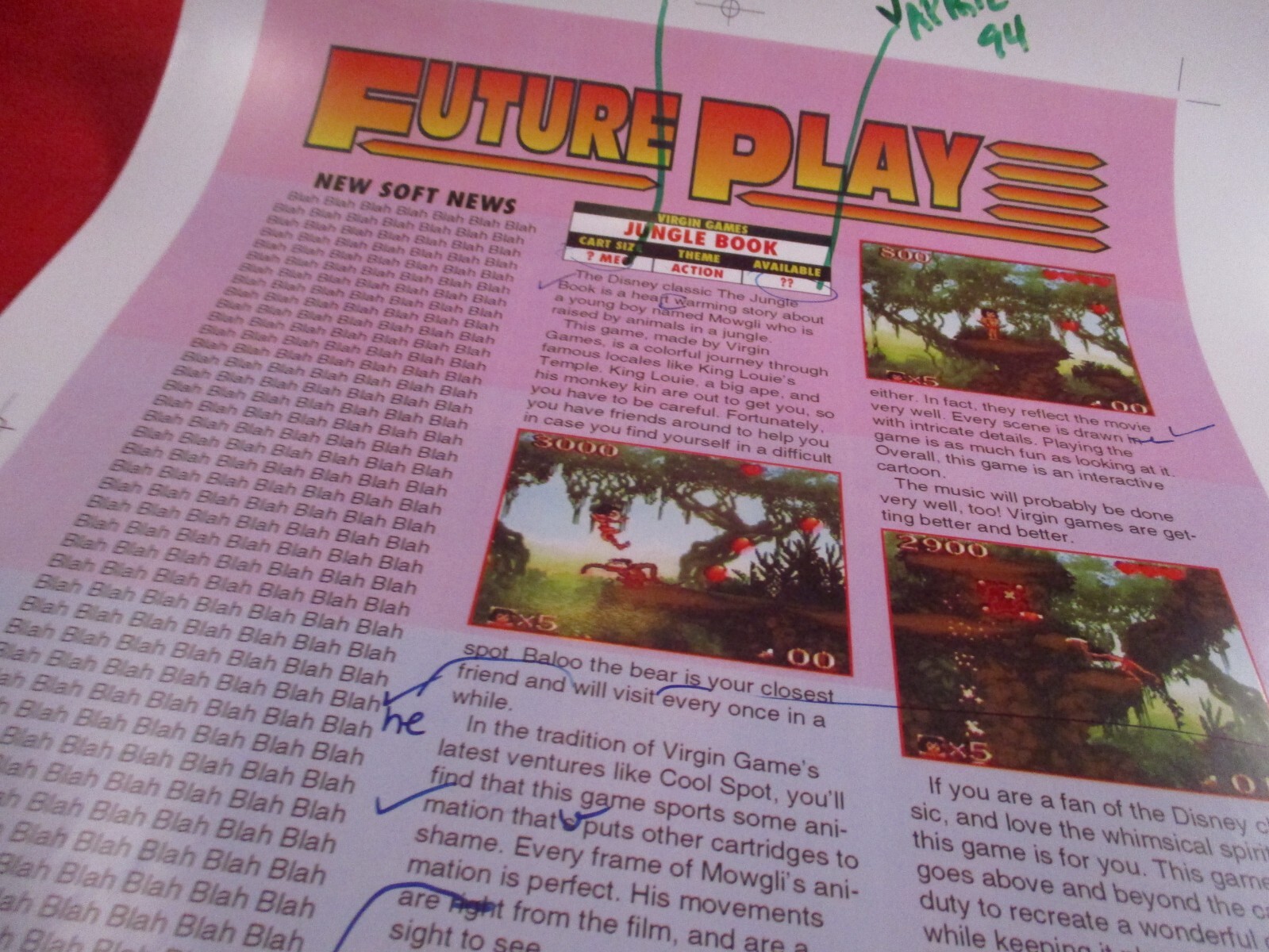 Super NES Buyer’s Guide Magazine Prototype Sheet Jungle Book “Blah Blah Blah”