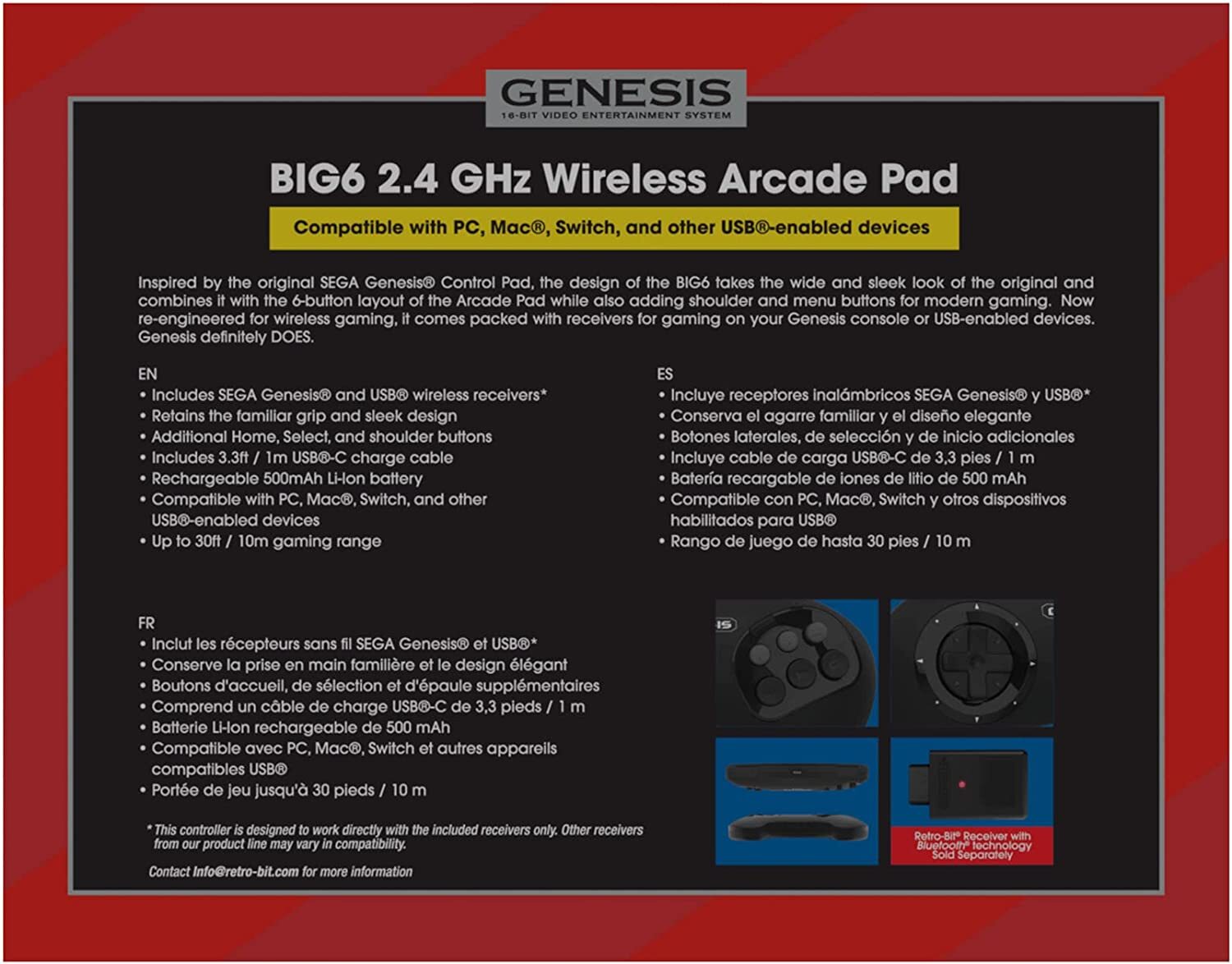 Retro-Bit Official Sega Genesis BIG6 2.4 GHz Wireless Controller 6-Button Pad