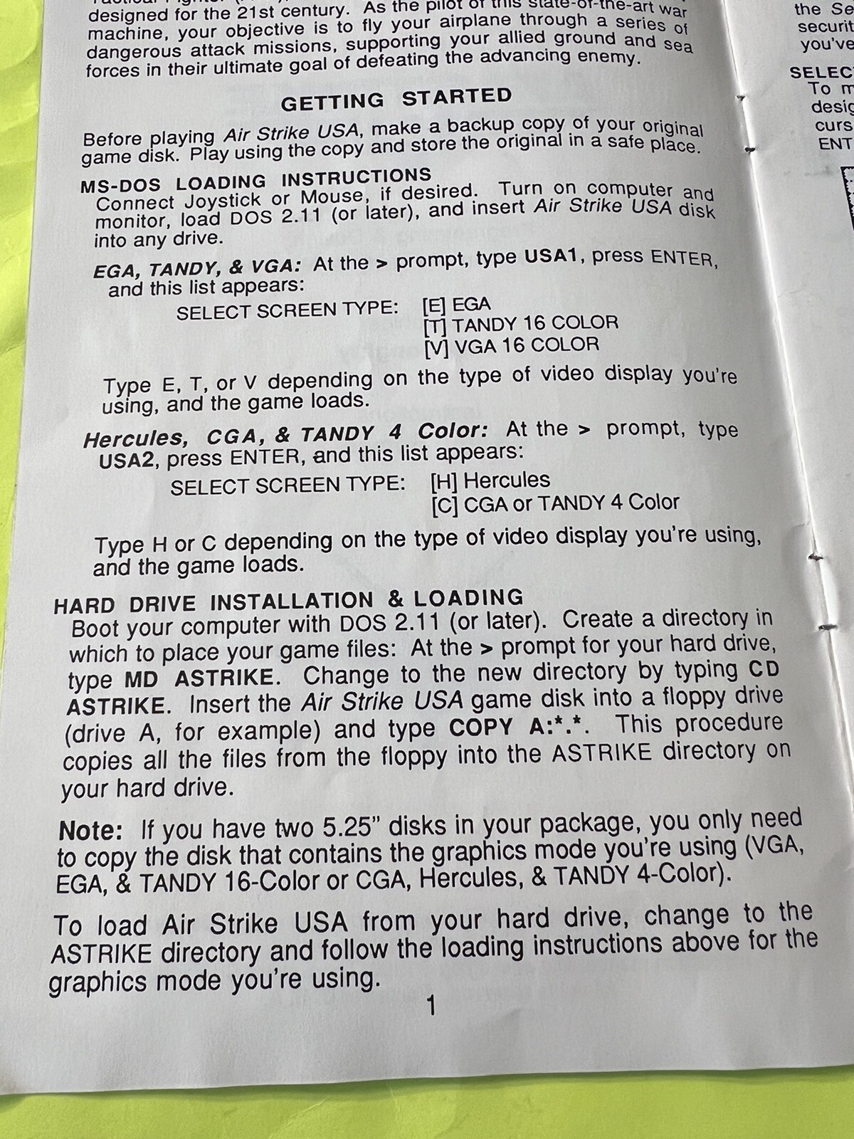 AIR STRIKE USA WITH MANUAL GAME TANDY AMIGA PC COMPUTER 3.5″ – Not sure of Systm