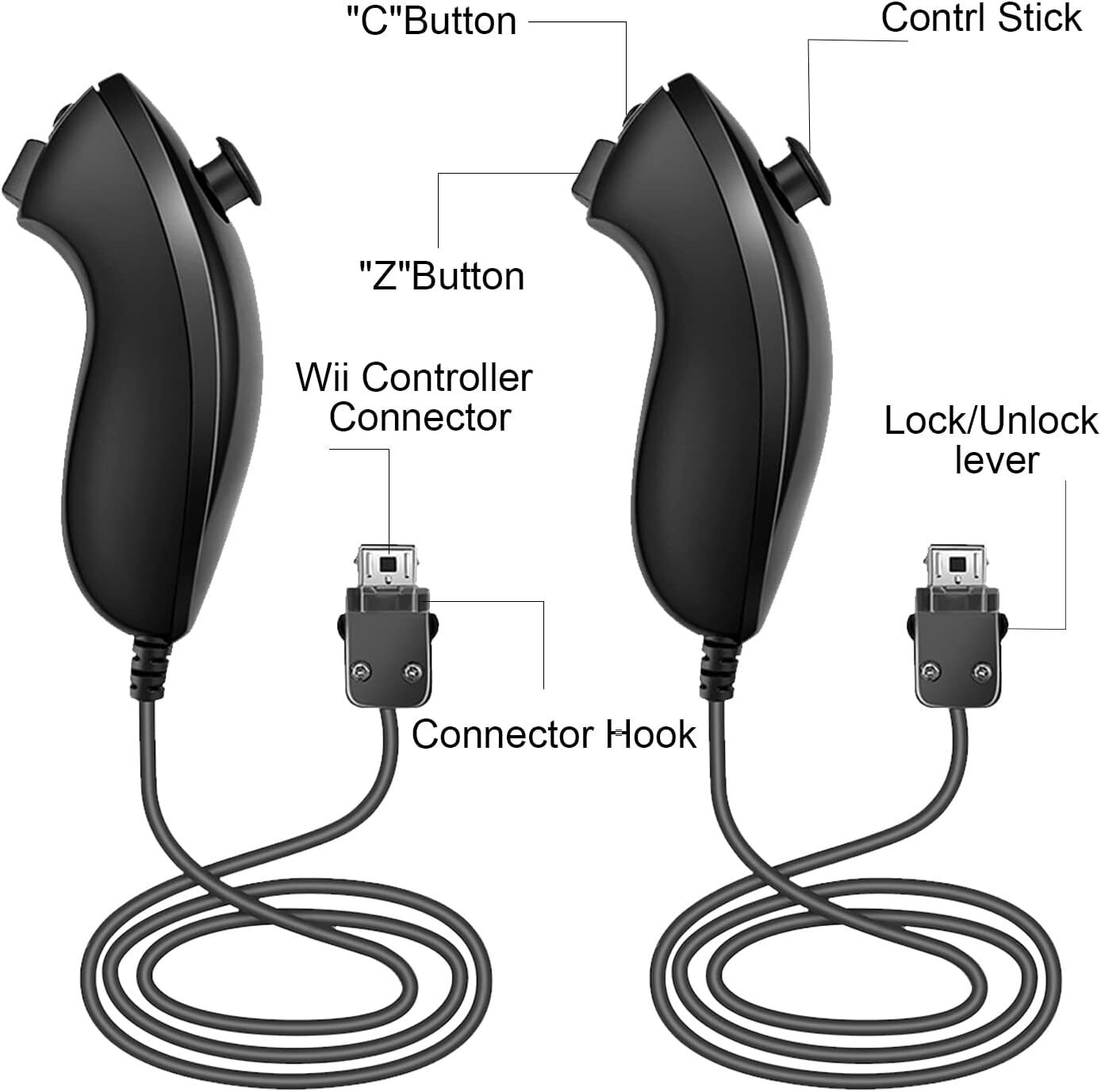 1/2Pack Wii Nunchuck Black White For Nintendo nunchucks for Nintendo Wii / Wii U