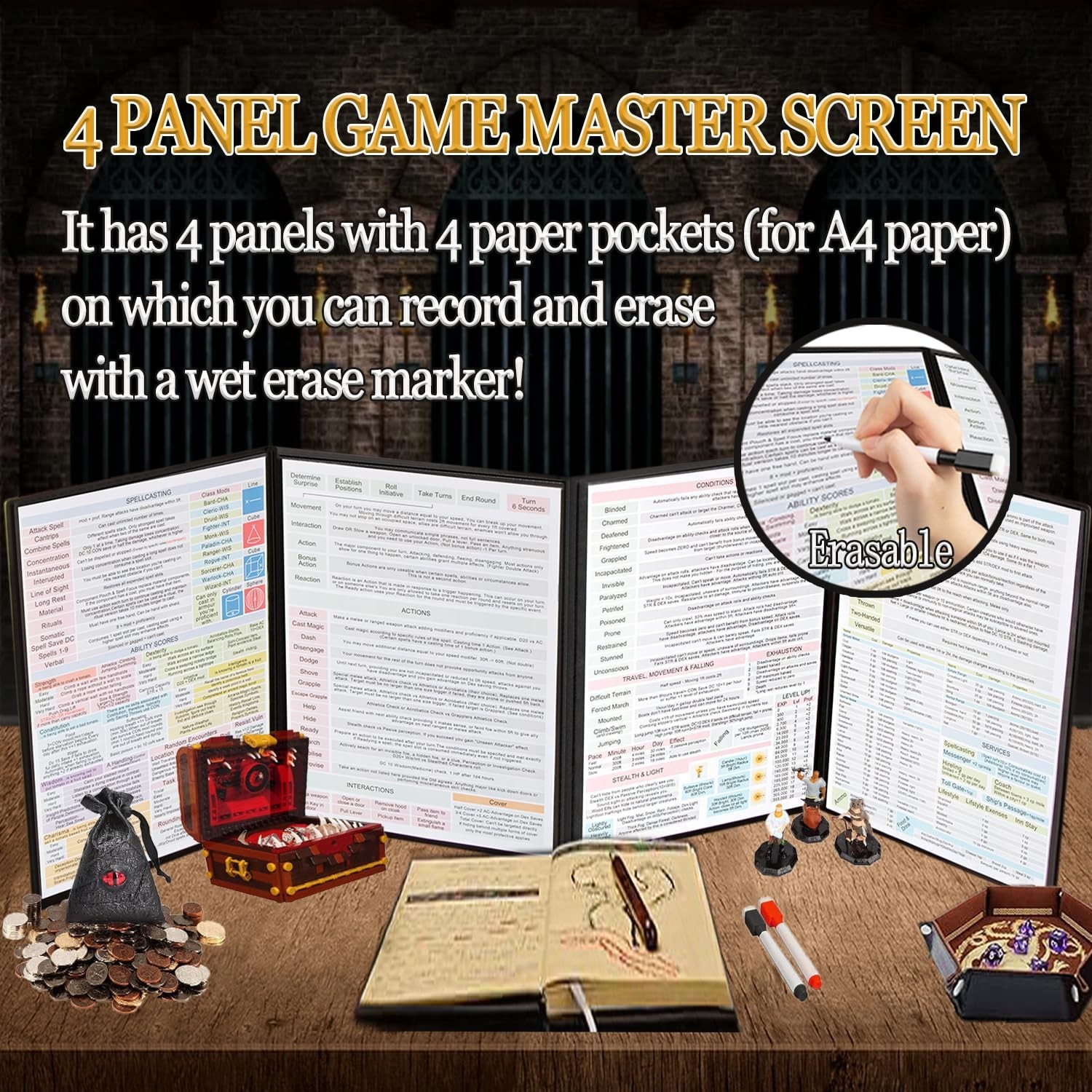 DND Dungeon Master Screen 3D Faux Leather,4 Panel Game Master with Pockets DM…