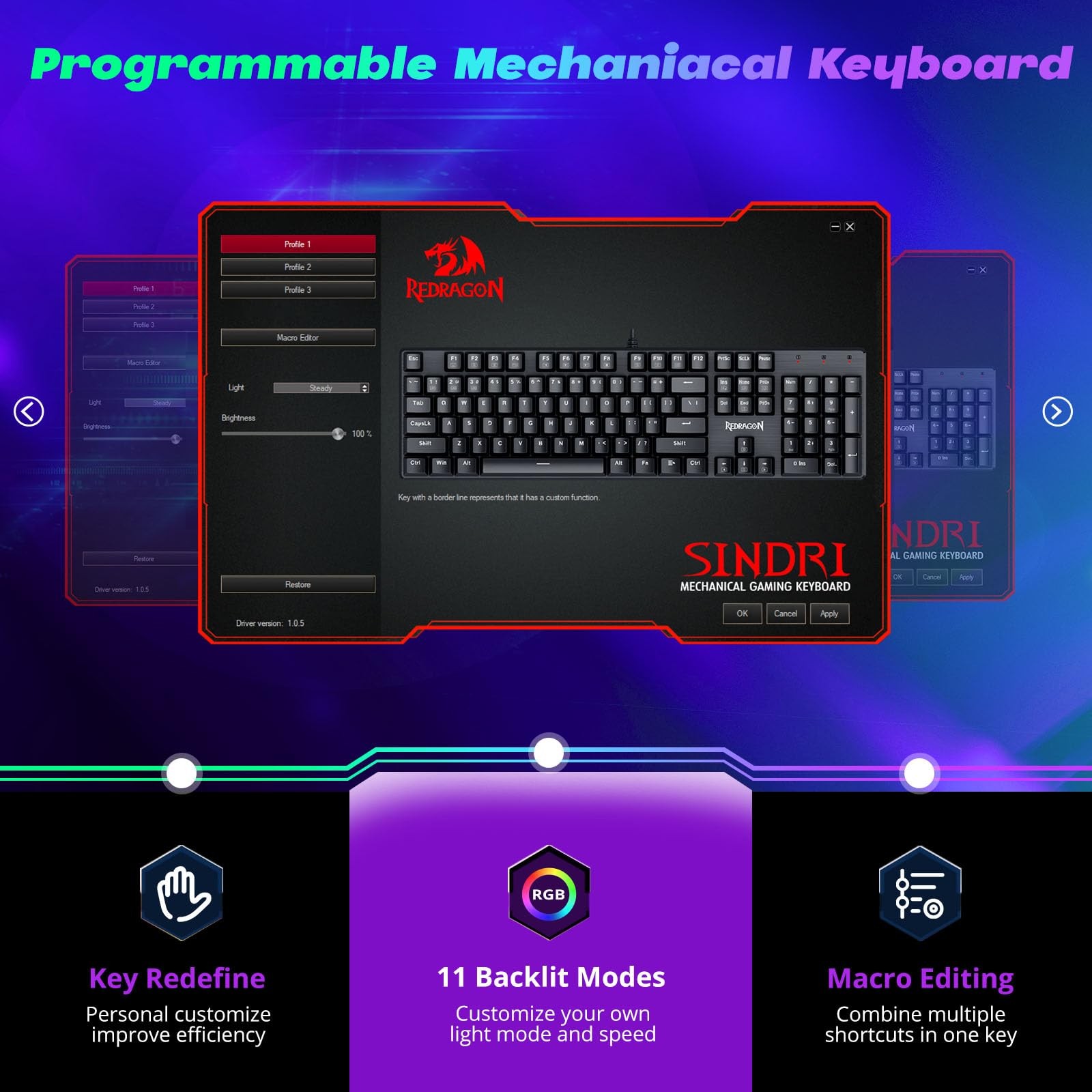 Redragon Mechanical Gaming Keyboard Wired 11 Programmable Backlit Modes