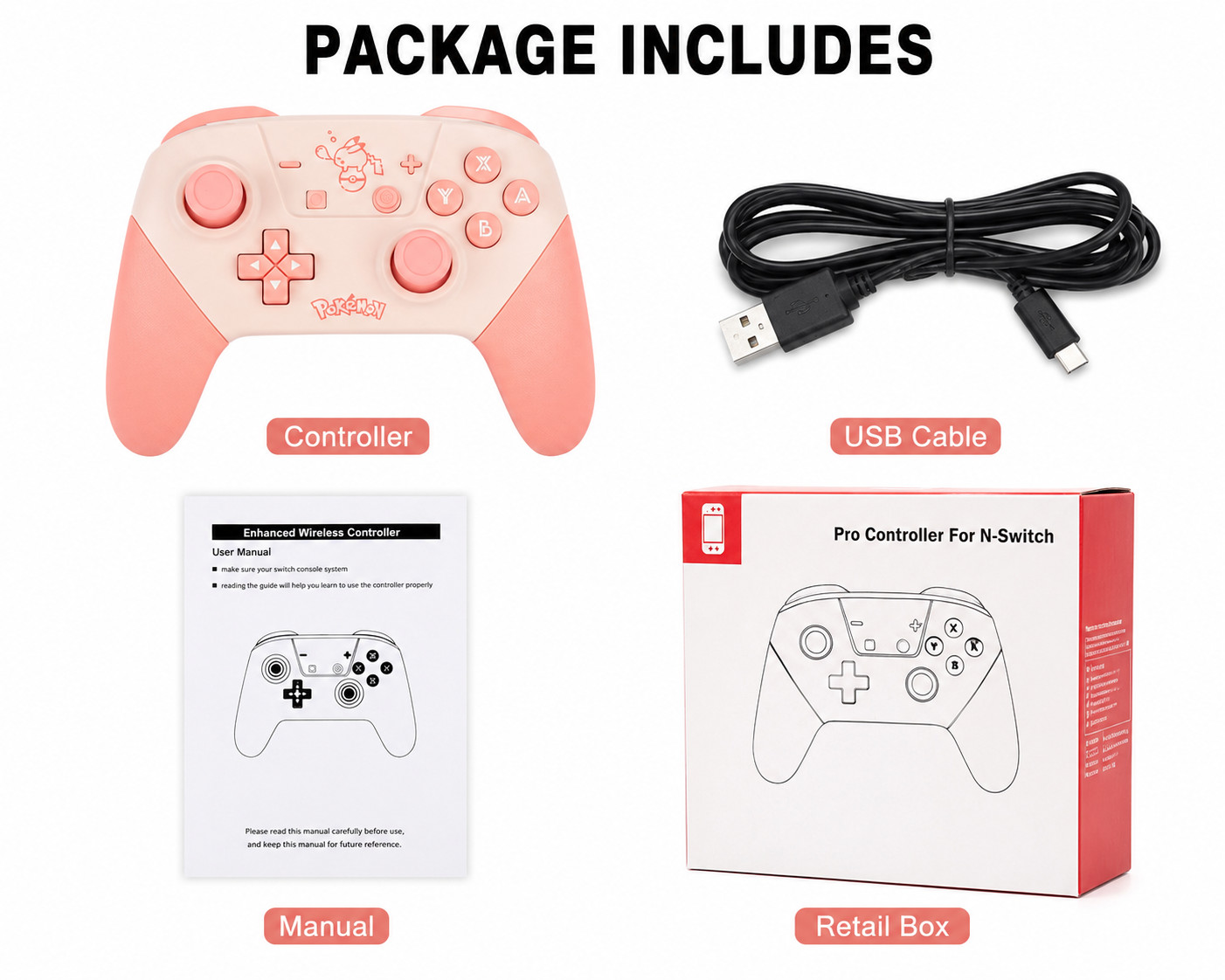 Wireless Pro Controller for Switch OLED Lite Bluetooth USB-C Dual Vibration Pink
