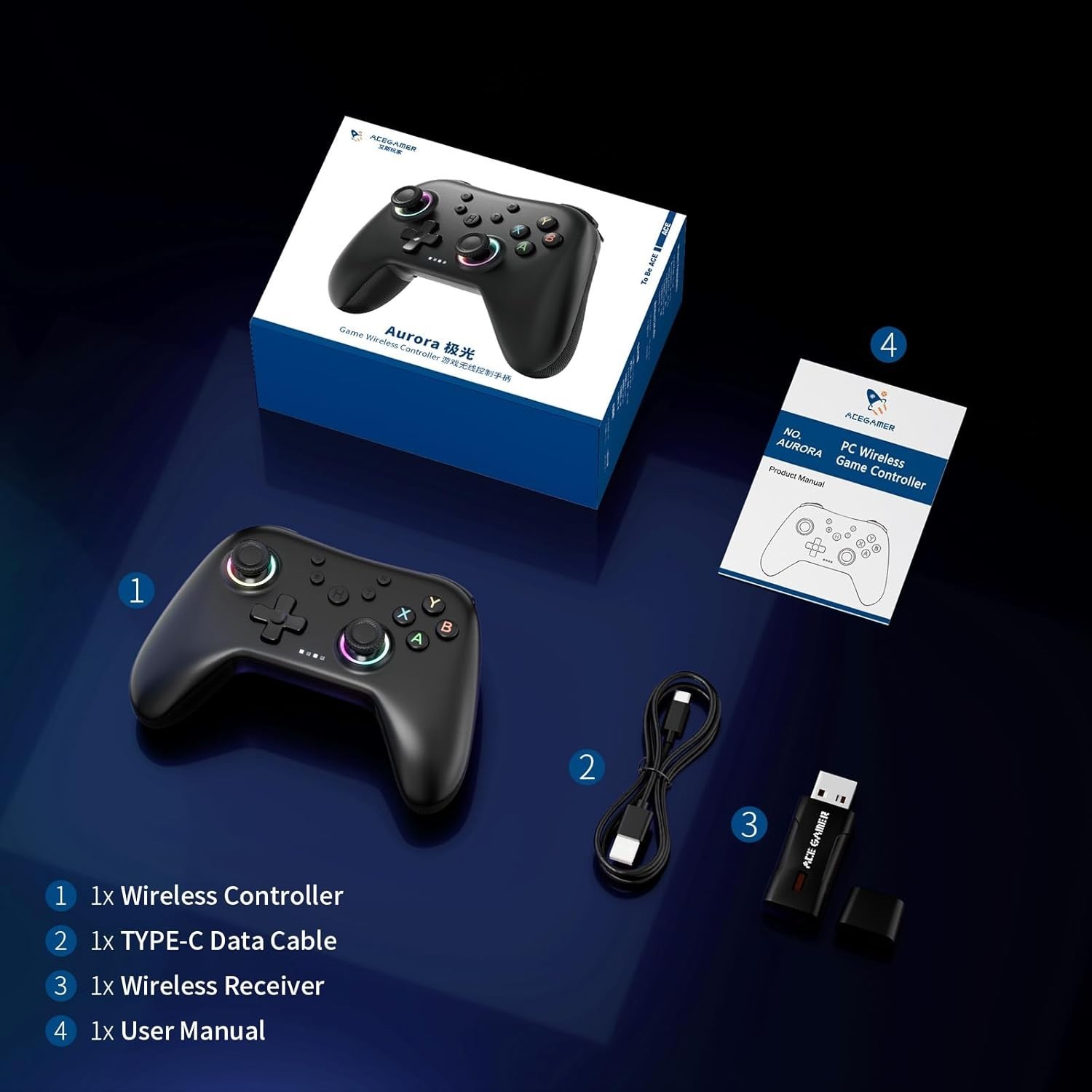NEW AceGamer Aurora 2.4G Wireless BT Gaming Controller for PC/Back Buttons Lock