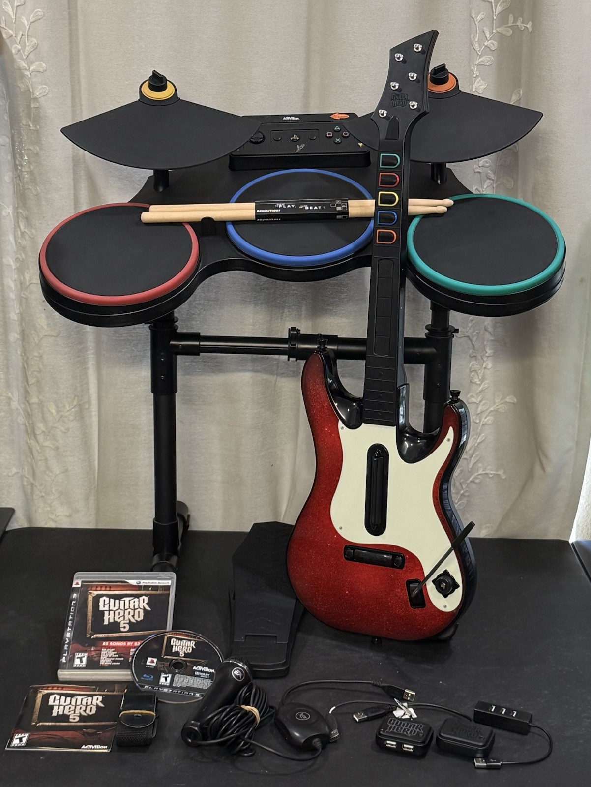 PS3 Guitar Hero World Tour Band DRUM KIT SET Lot Drums Guitar Dongles Mic Game