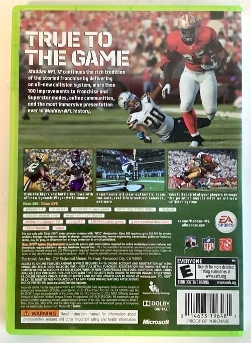 Xbox 360 MADDEN NFL 12 Football EA Sports Video Game Peyton Hillis Browns 2012