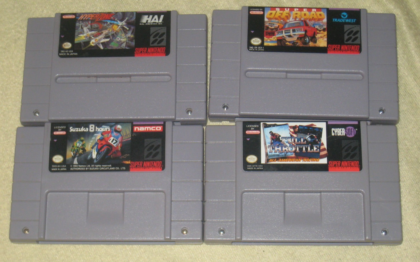 Racing 4 Pack for SNES Tested Super Nintendo Off Road, Hyperzone, Suzuka, Bike