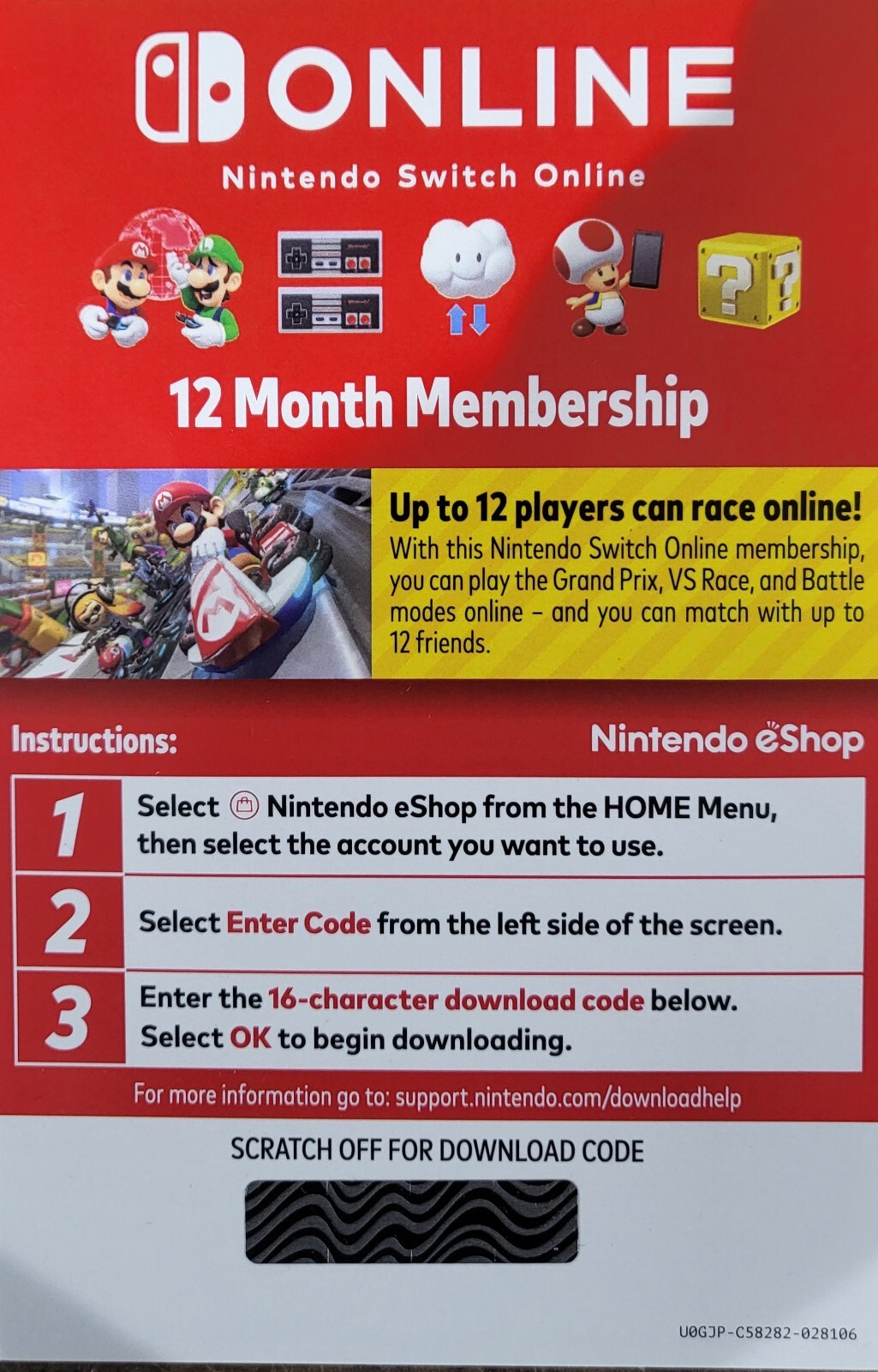 Nintendo Switch Online 12 Month Membership Subscription Pre-Paid Card