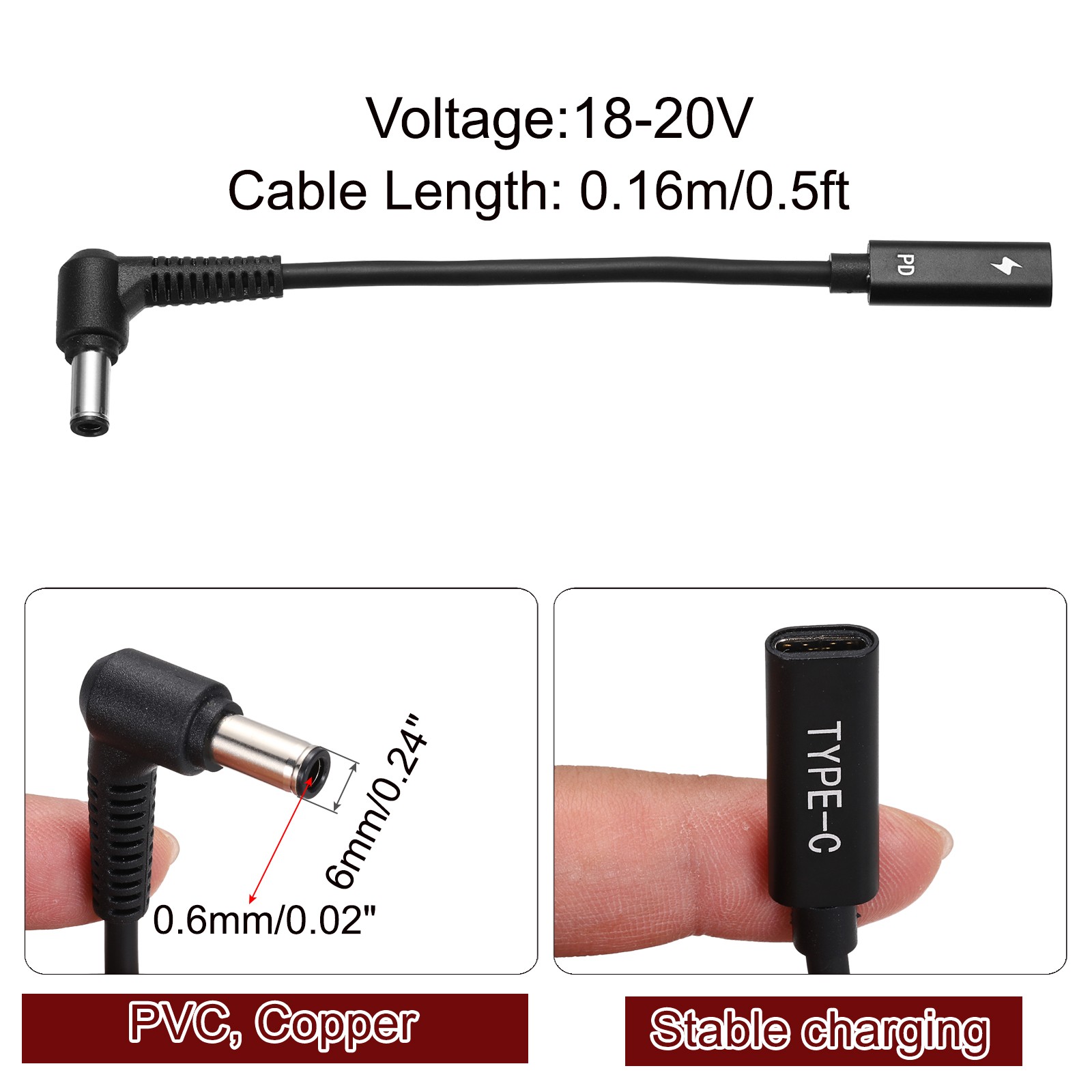 0.5FT USB C to DC PD Power Fast Charging Cable, 6mmx0.6mm 65W/18V-20V(Black)