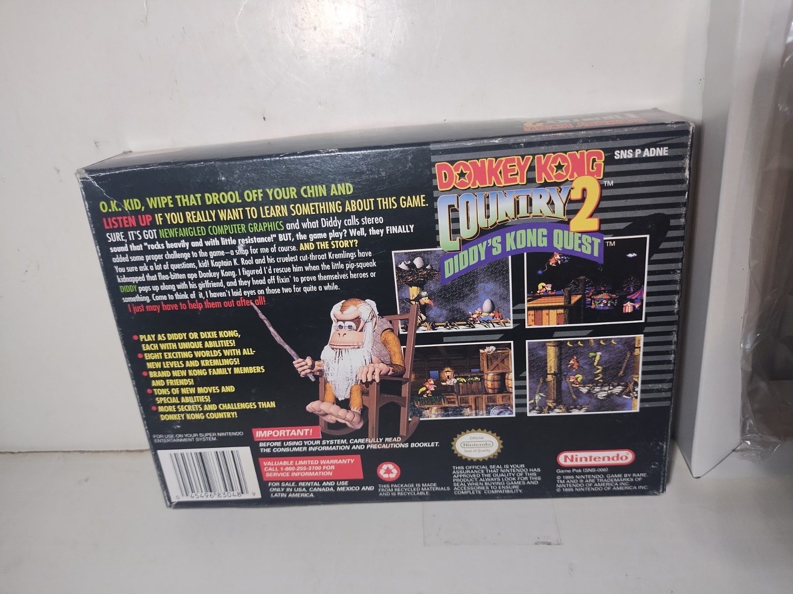 Empty Donkey Kong Country 2 Super Nintendo SNES Game Box, Tray & Bag