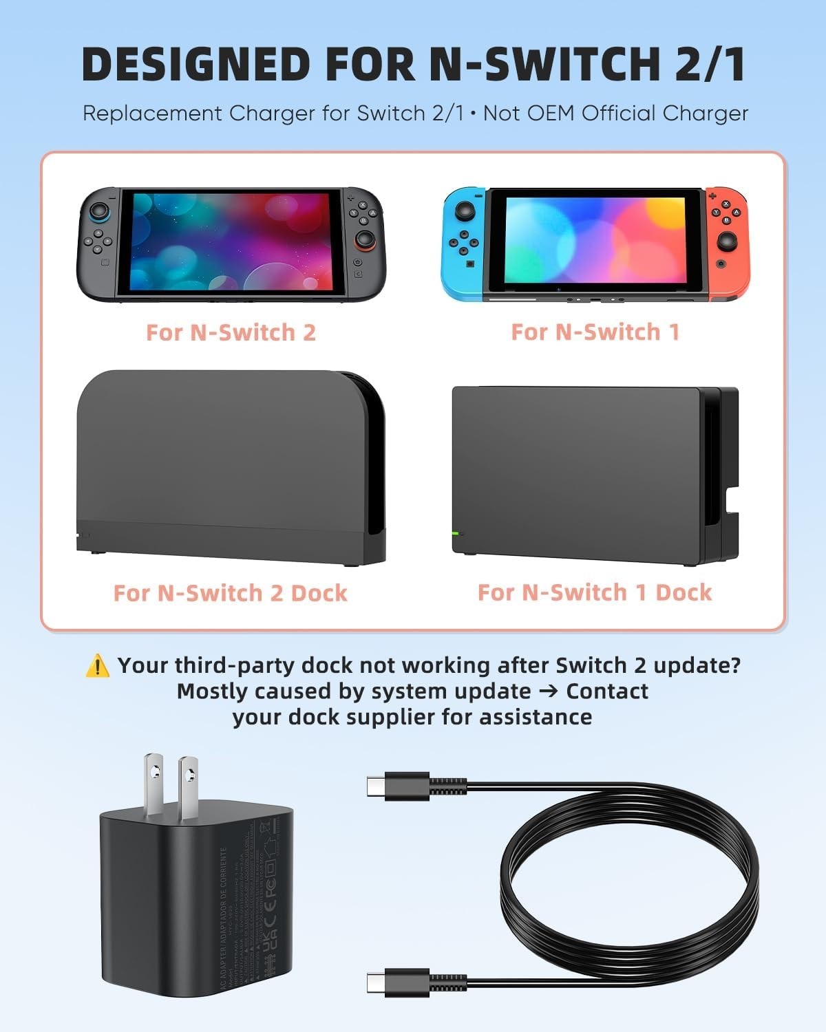 Switch 2 Charger 60W USB-C PD Fast Charging Adapter 5FT Cable Dock TV