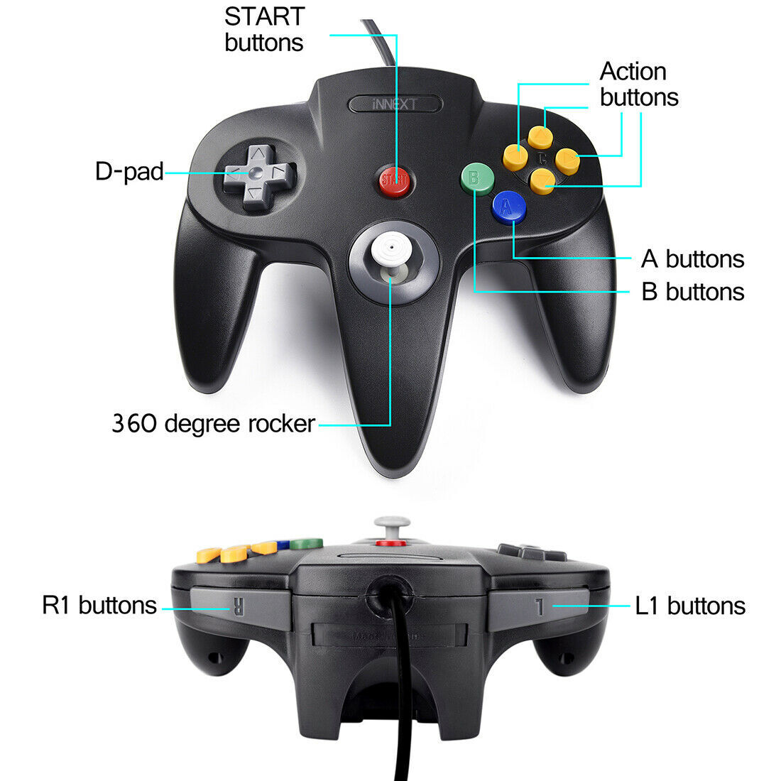 Wired N64 Controller Compatible With Nintendo 64 Joystick Video Game Console