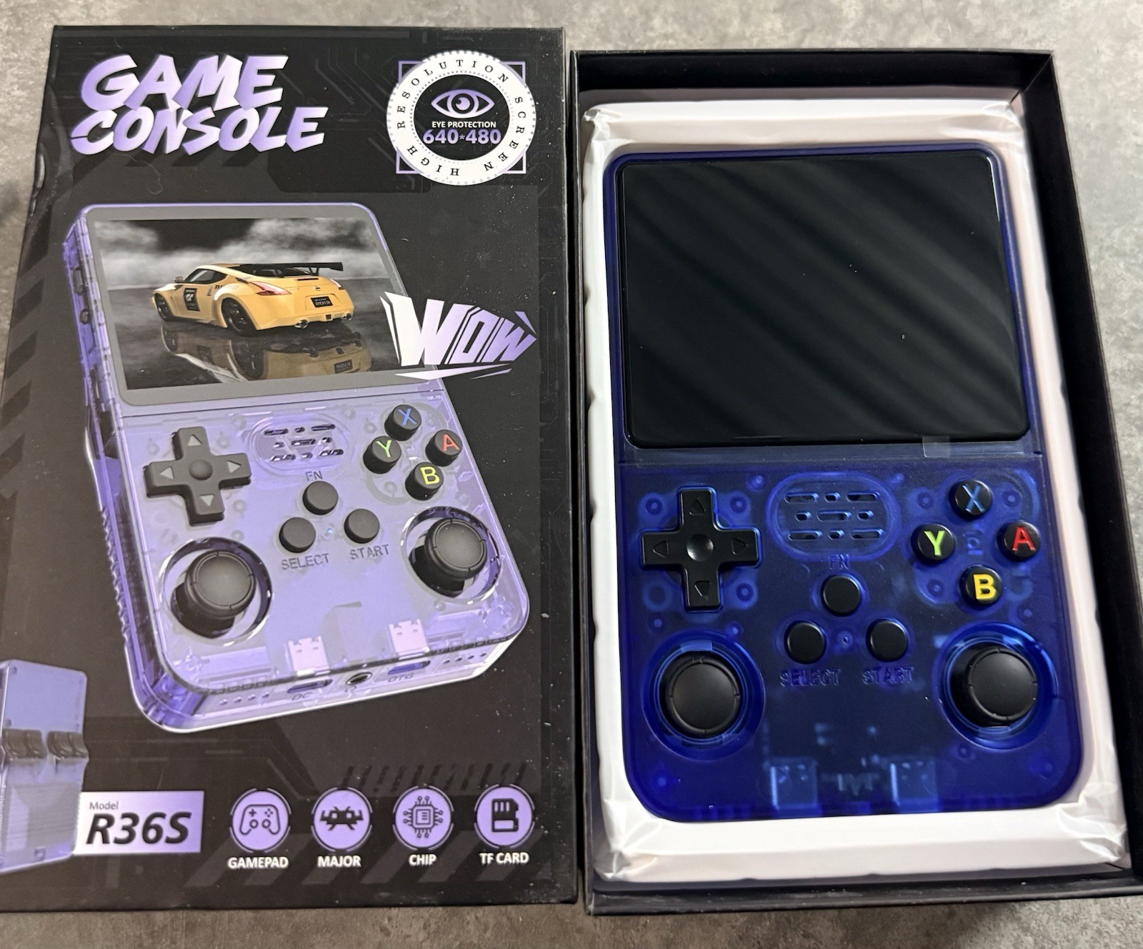 R36S Handheld Game System Blue 640×480, TF Card Slot, 3.5mm Headphone