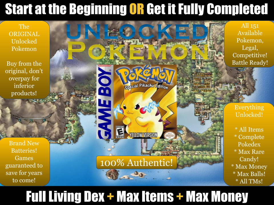 Authentic Unlocked Pokemon Yellow, All 151 Legal + Extra, Max Items Money GB GBC