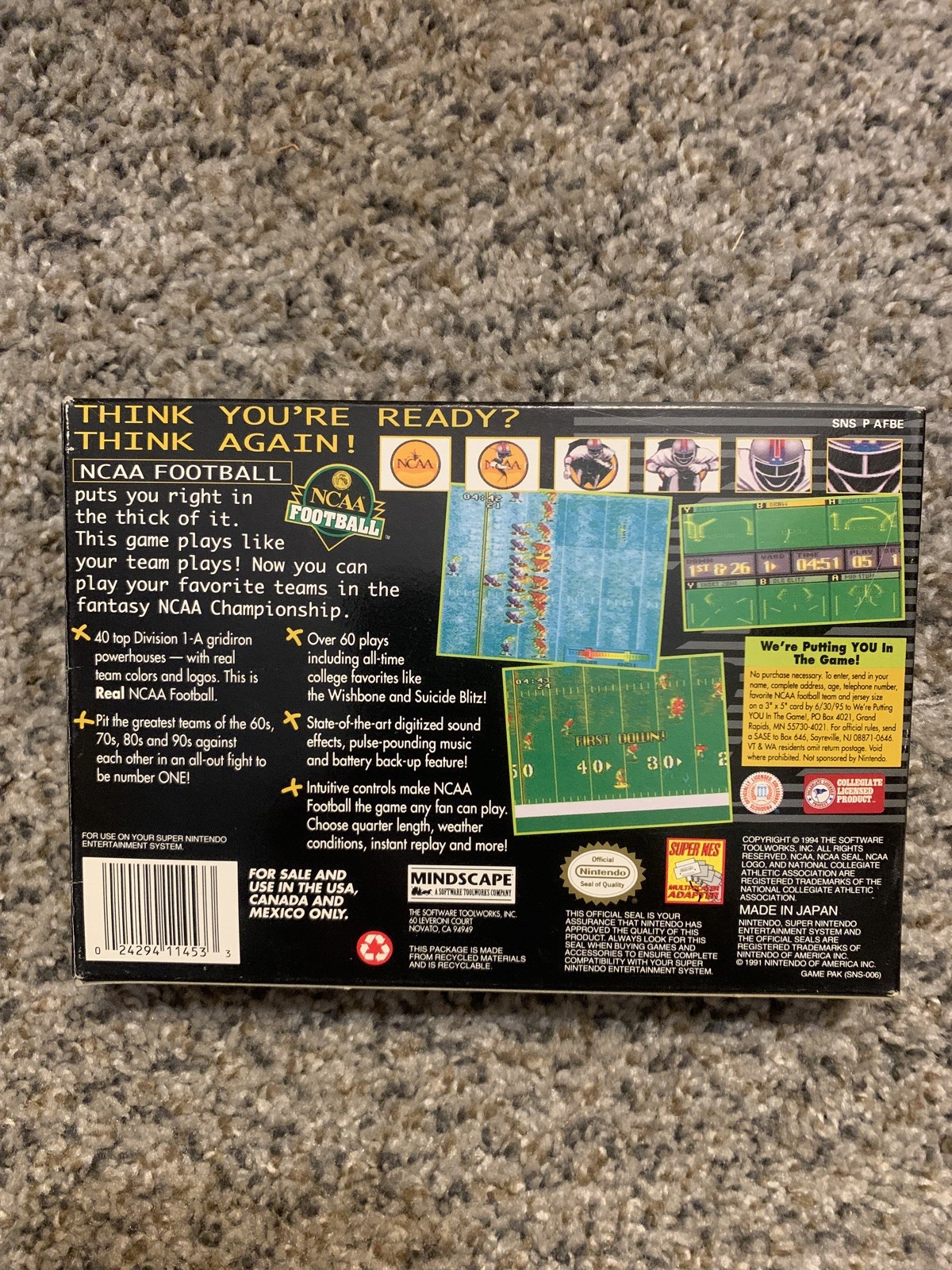 NCAA Football (SNES 1994) CIB Box Game Manual Authentic Very Good Condition!