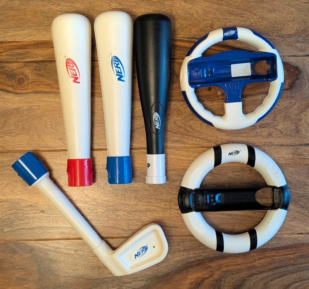 Wii Sports NERF Attachments Bundle: (2) Steering Wheels,(3) Bats, and Golf Club