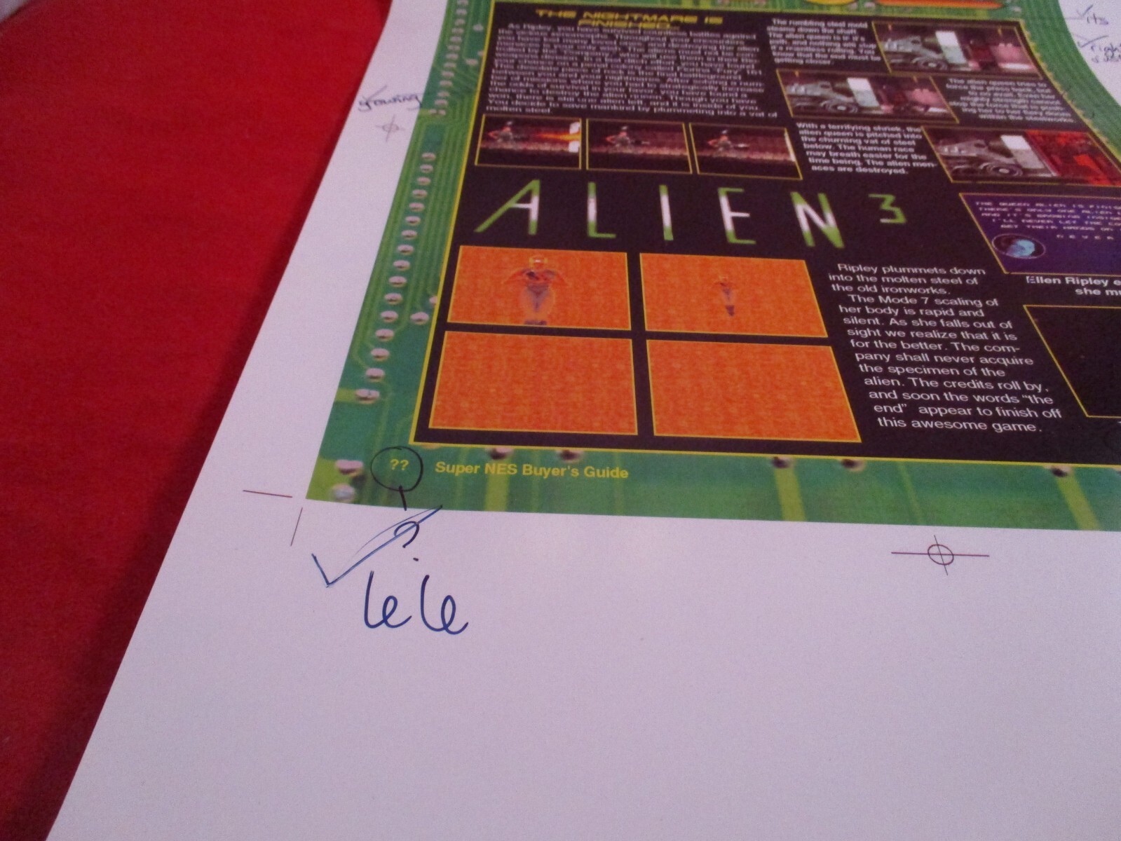 Super NES Buyer’s Guide Magazine Prototype Sheet Alien 3 Super Nintendo SNES