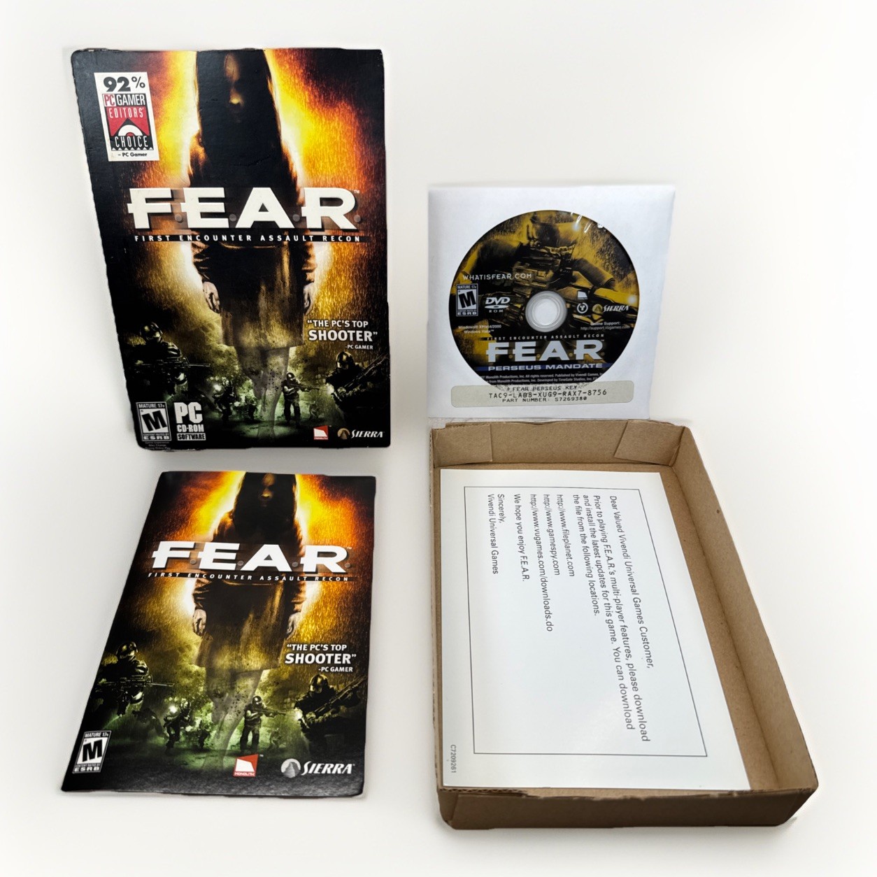 FEAR First Encounter Assault Recon PC DVD ROM Box Manual & Perseus Mandate READ*