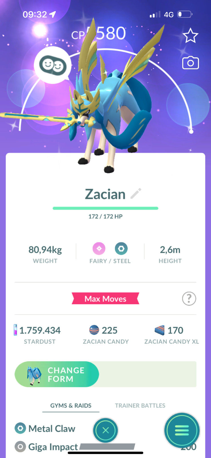 Shiny Crowned Sword Zacian lvl50 3 moves P T C or Tr-de 1M – 20k stardust