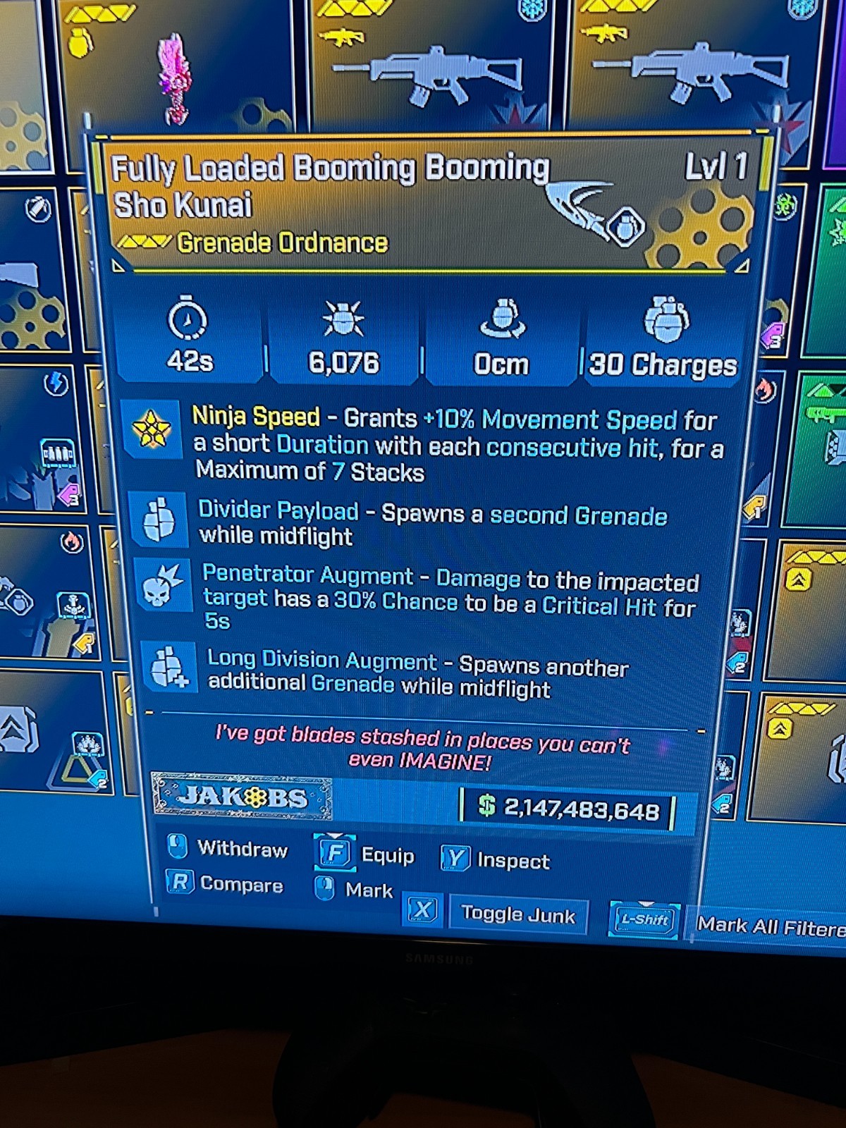 Borderlands 4✨ MODDED LEVEL 1 ONE SHADOW CLONE SHO KUNAI KNIFE BL4✅PC-PS-XBOX✨