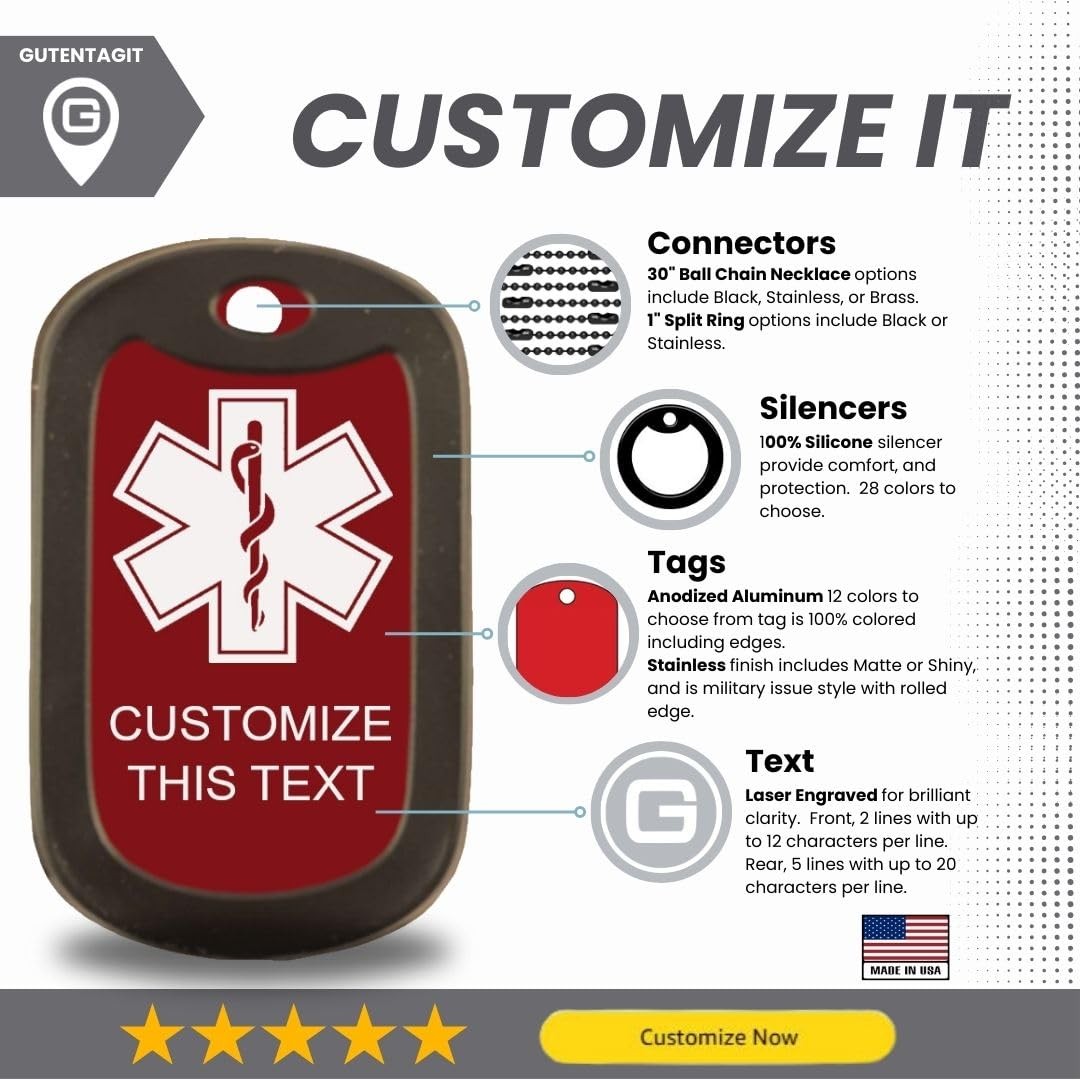 Gutentagit – Medical Alert Dog Tag Custom Engraved Medic ID Large, Red