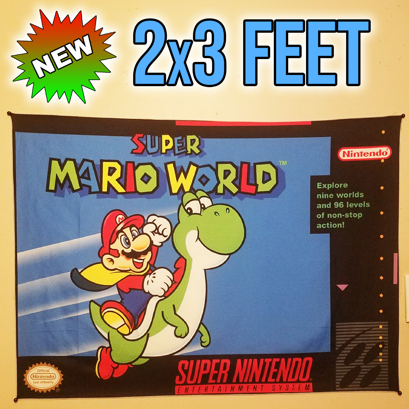 Super Mario World 2×3 foot tapestry / Super Nintendo banner wall flag