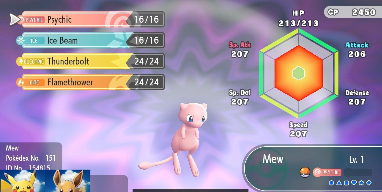 Pokemon Let’s Go Pikachu/Eevee MEW Pokeball Plus Ver Lv.1 6IV Digital Transfer!!
