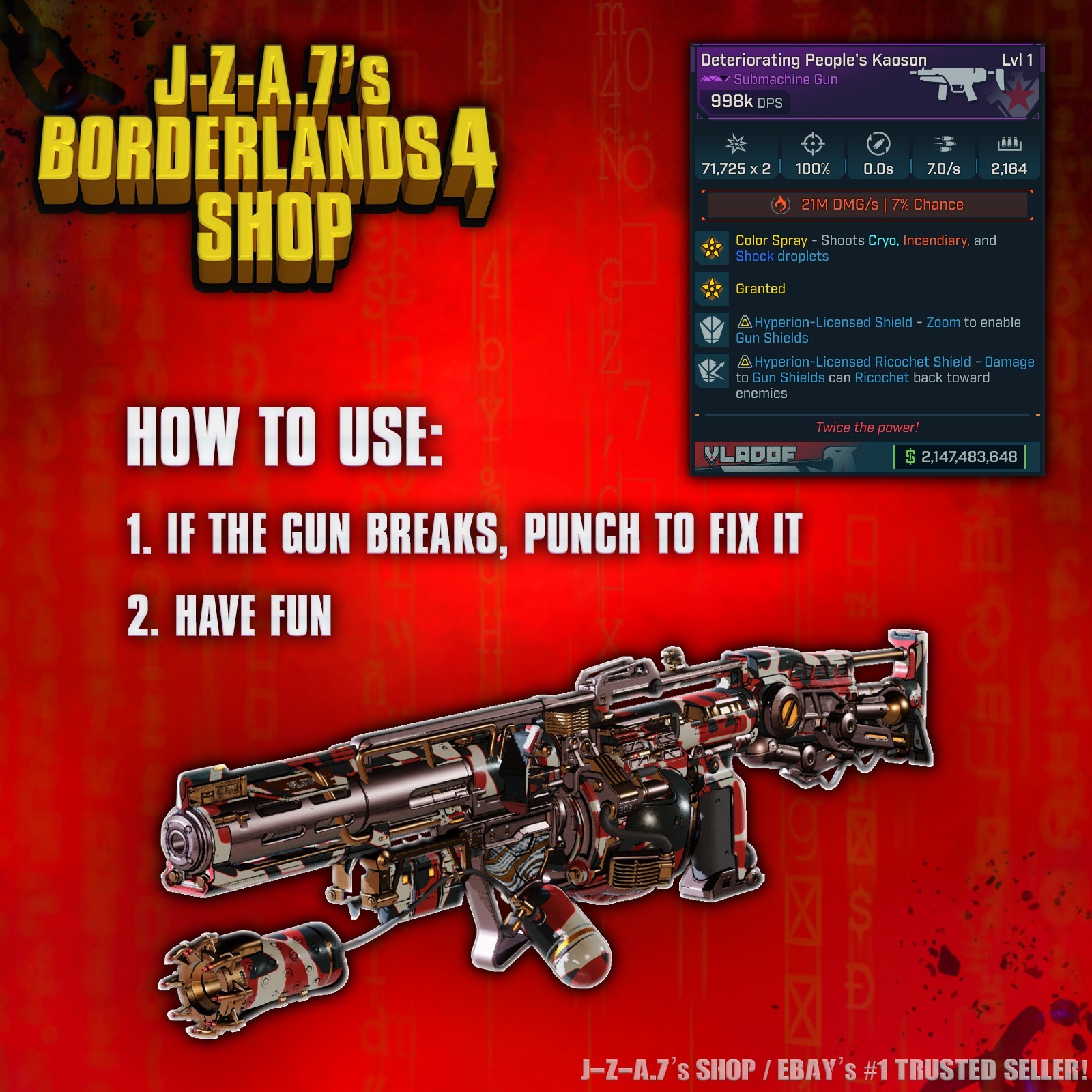 Borderlands 4✨ MODDED LEVEL ONE 998K DPS KAOSON SMG LVL 1 BL4 ✅PC-PS-XBOX✨