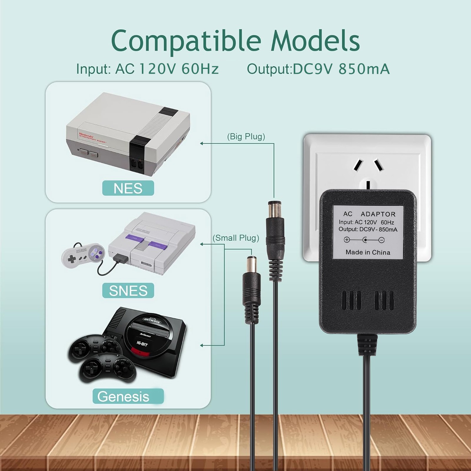AV RCA Audio+AC Cable Power Supply Adapter Cord Set For Super Nintendo SNES Game