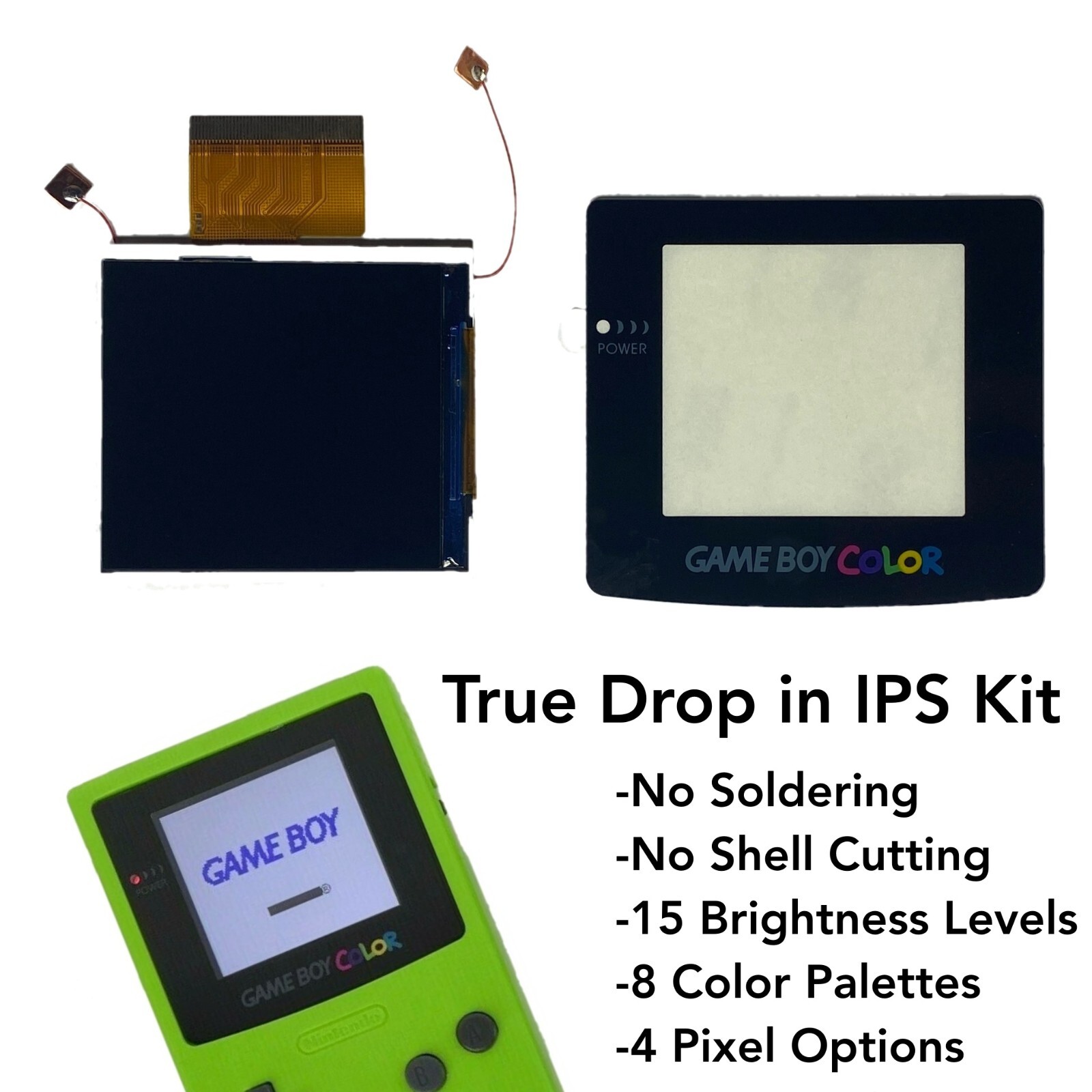 Gameboy Color 2.45″ IPS Backlight NO SOLDER True Drop in Kit for Game Boy GBC