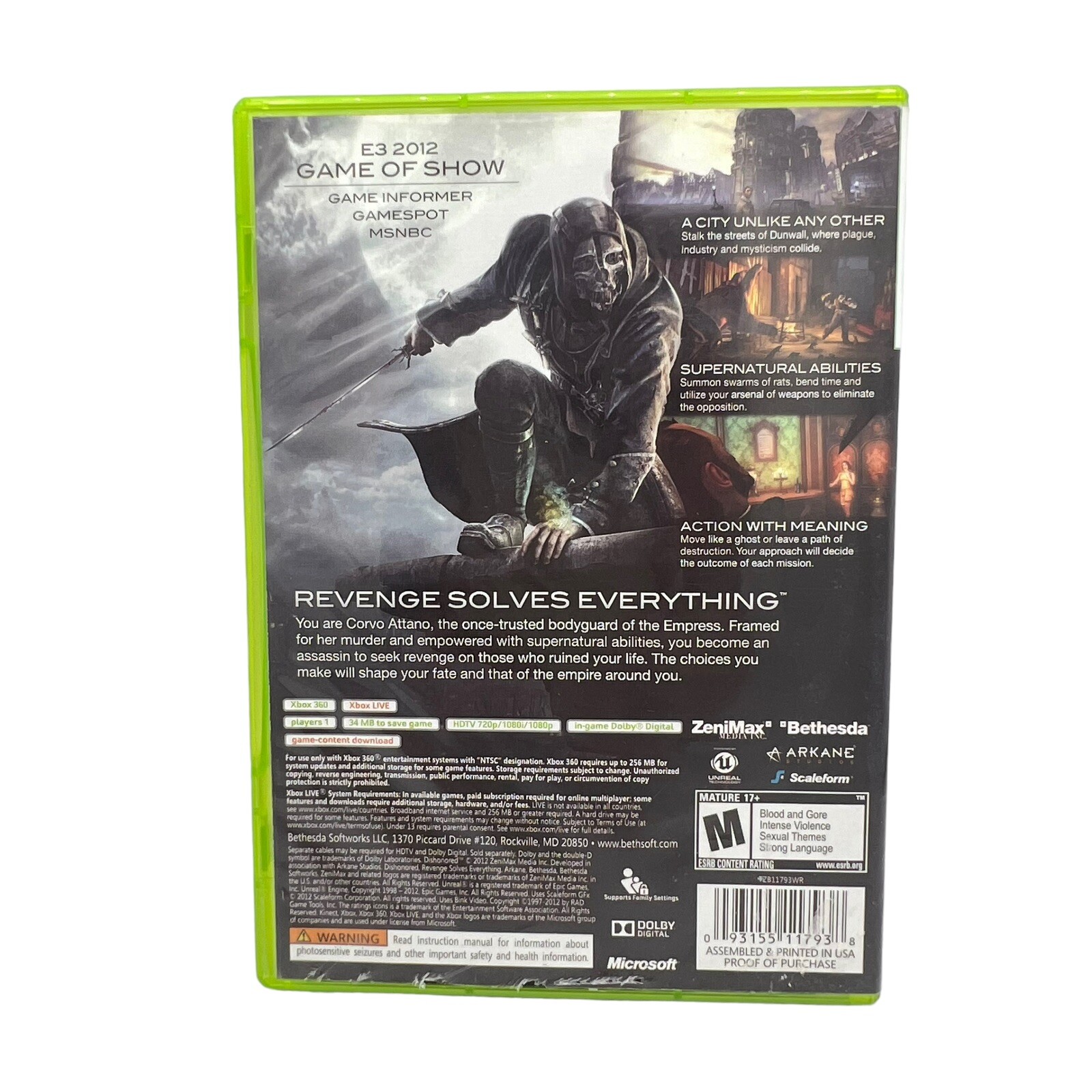 2012 Dishonored Microsoft Xbox 360 Complete in Case Untested