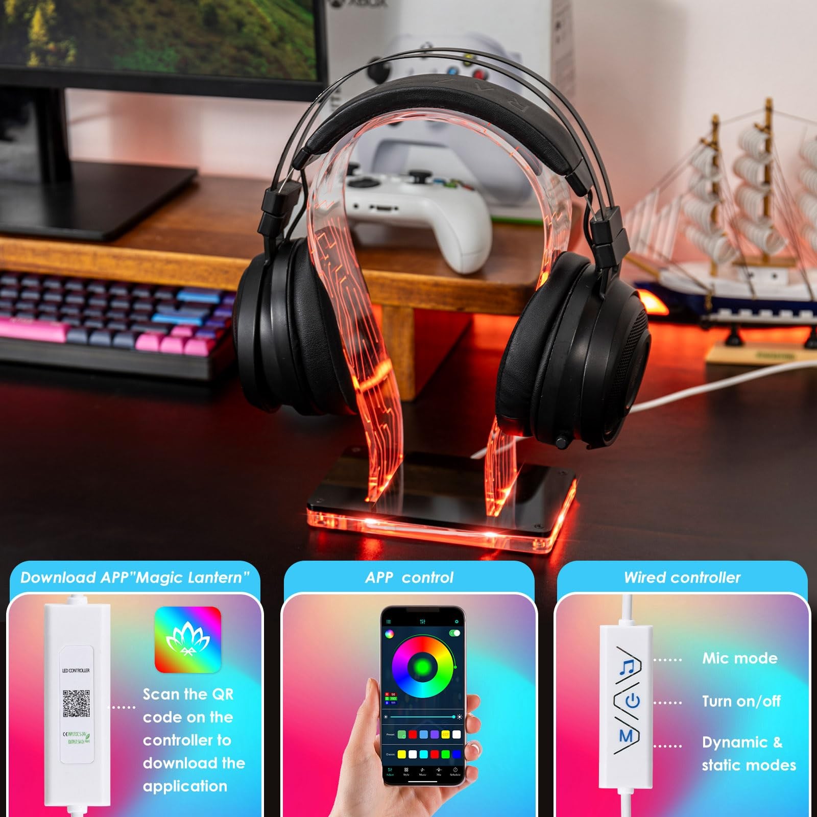 RGB Headphone Stand 213 Modes 60000 Colors Remote and App Controls Acrylic