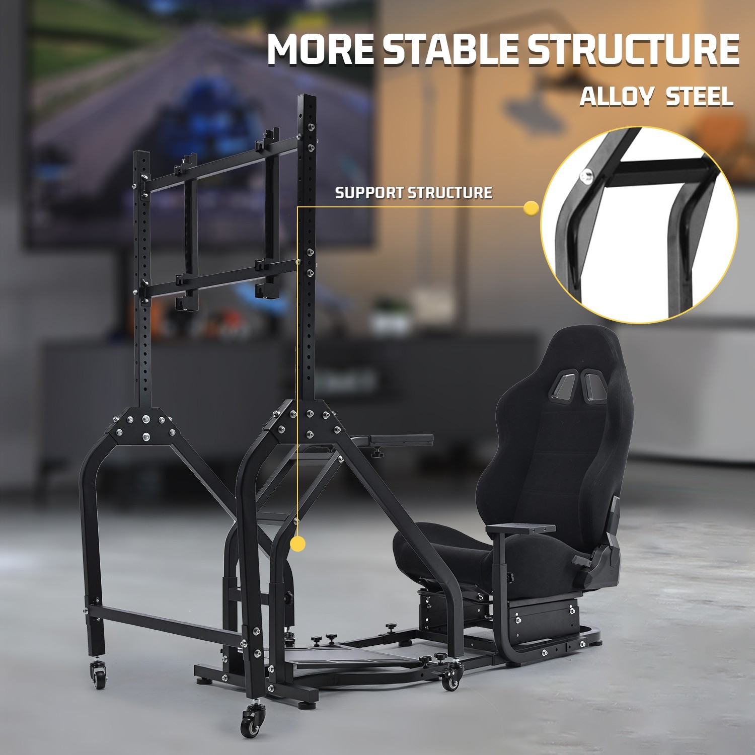 Marada Racing Simulator Cockpit With Black Seat And Monitor Stand For Logitech
