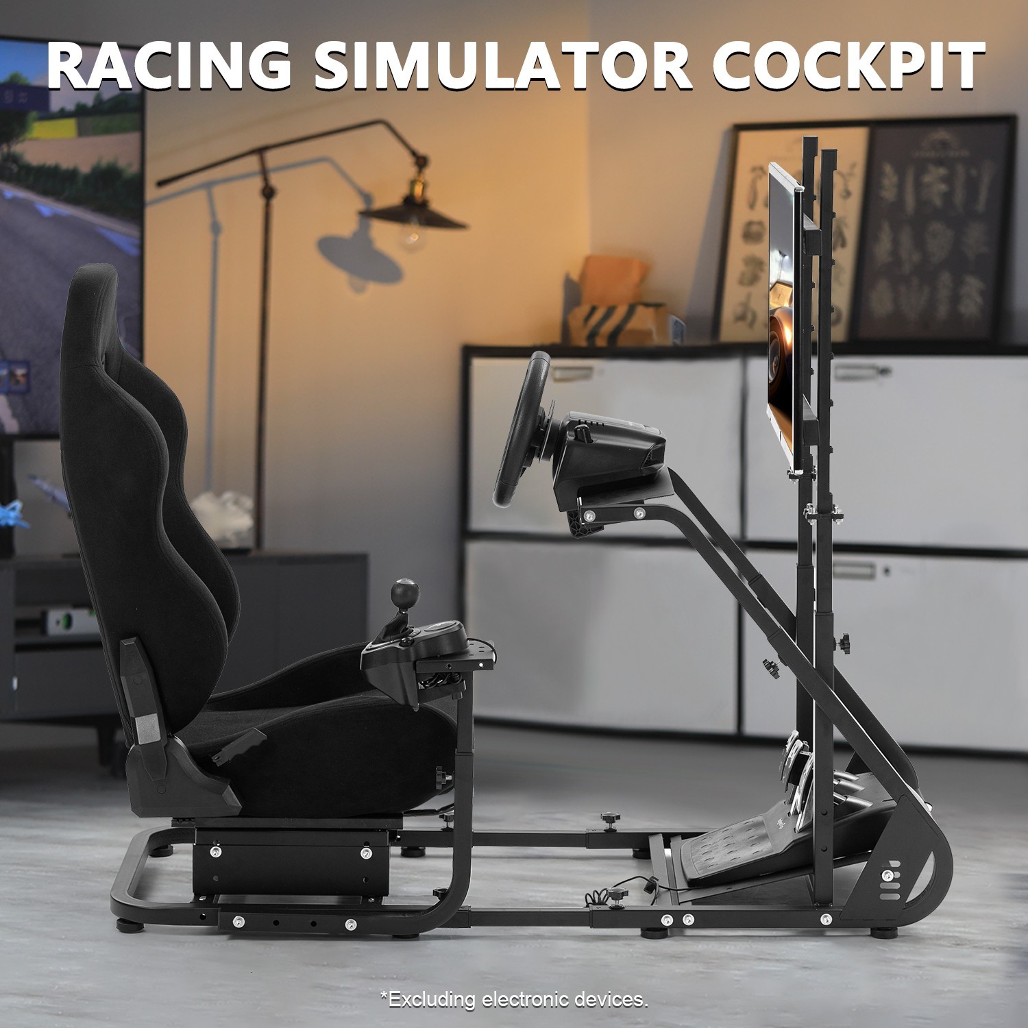 Marada Racing Simulator Cockpit With Monitor Stand & Black Seat Fit For Logitech