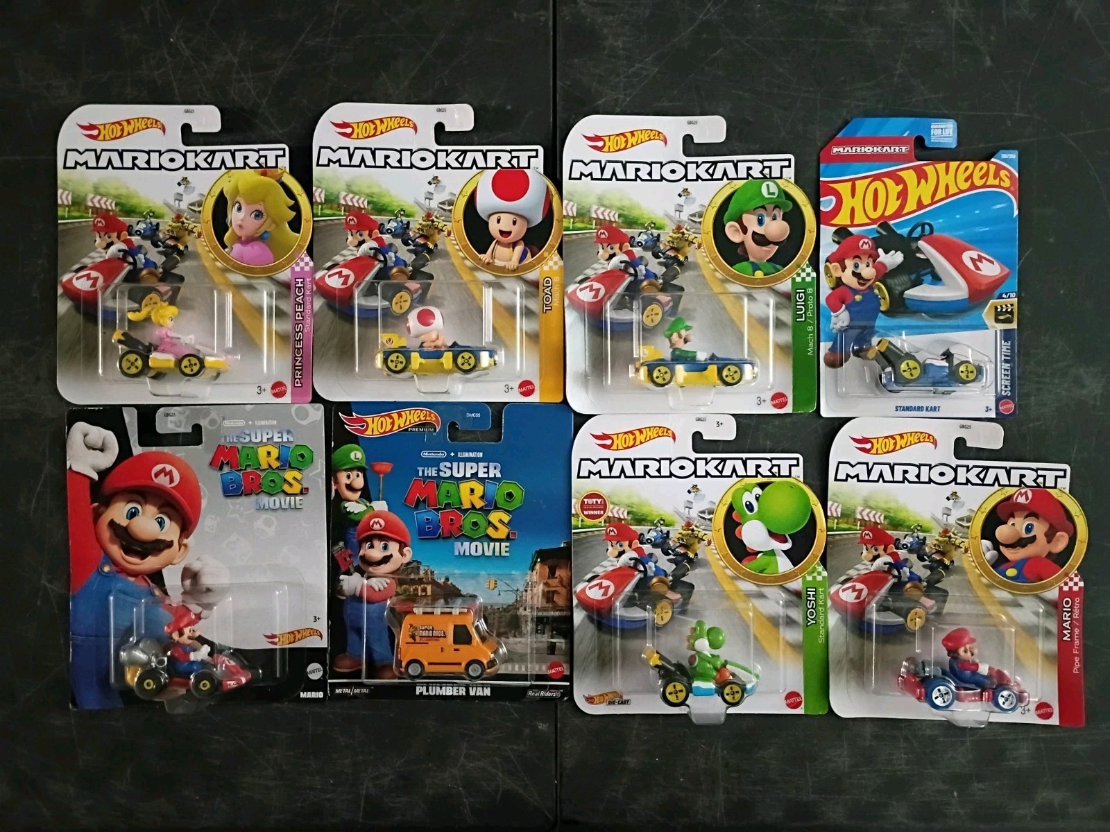 8-PK SUPER MARIO KART Hot Wheels Lot Movie Plumber Van Yoshi Peach Luigi Toad